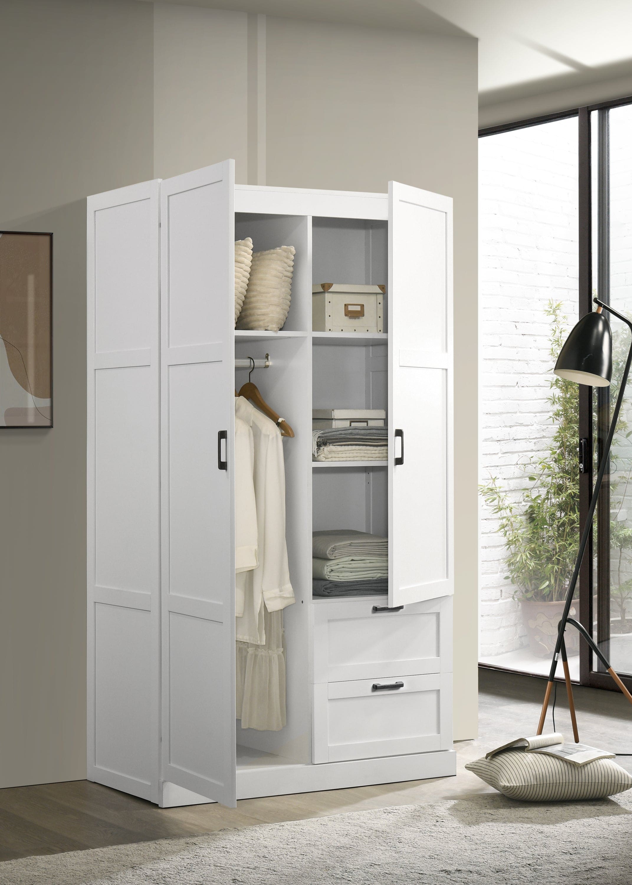 Aubree White Wardrobe Cabinet Armoire with 2 Drawers and Hanging Rod