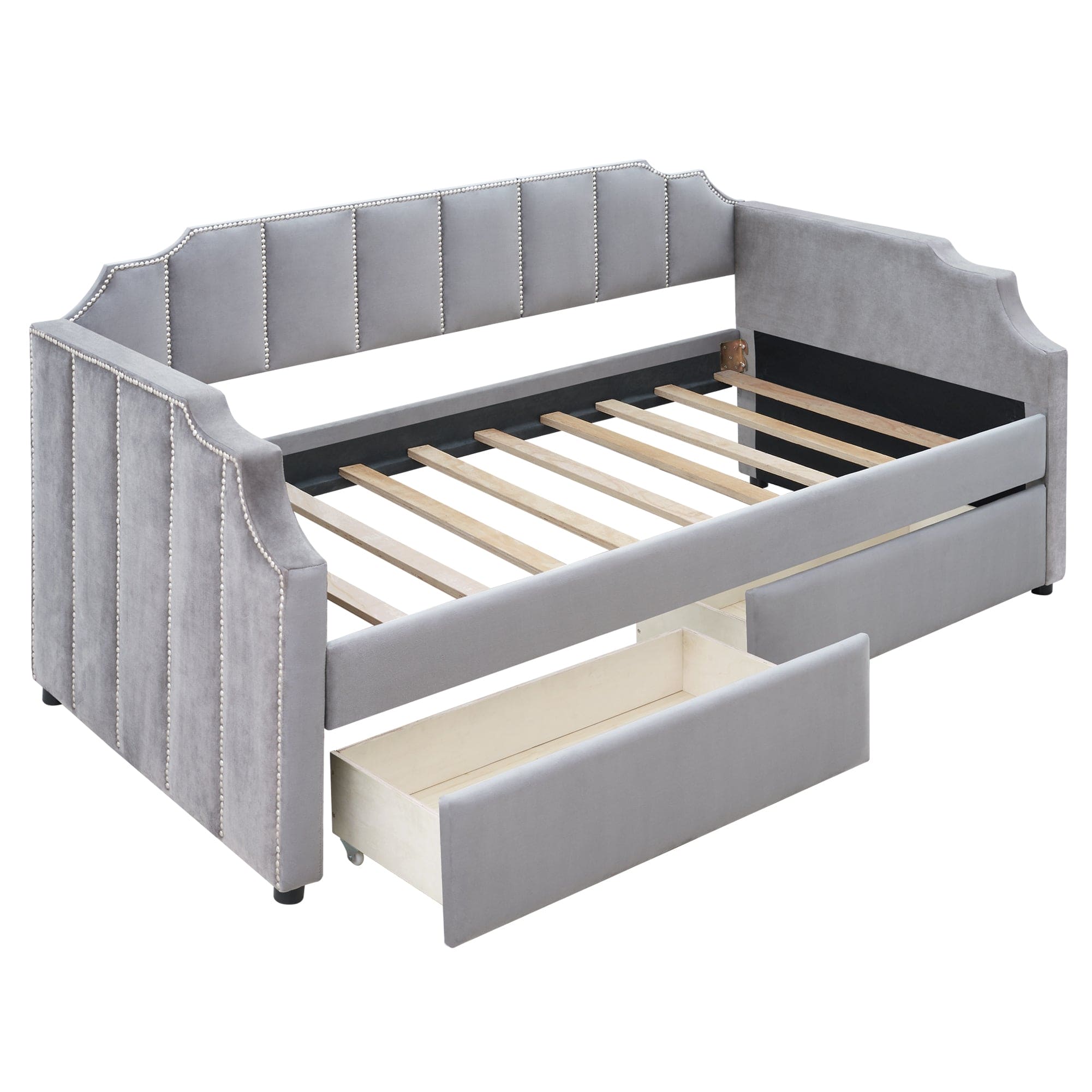 Twin Size Upholstered daybed with Drawers, Wood Slat Support, Gray