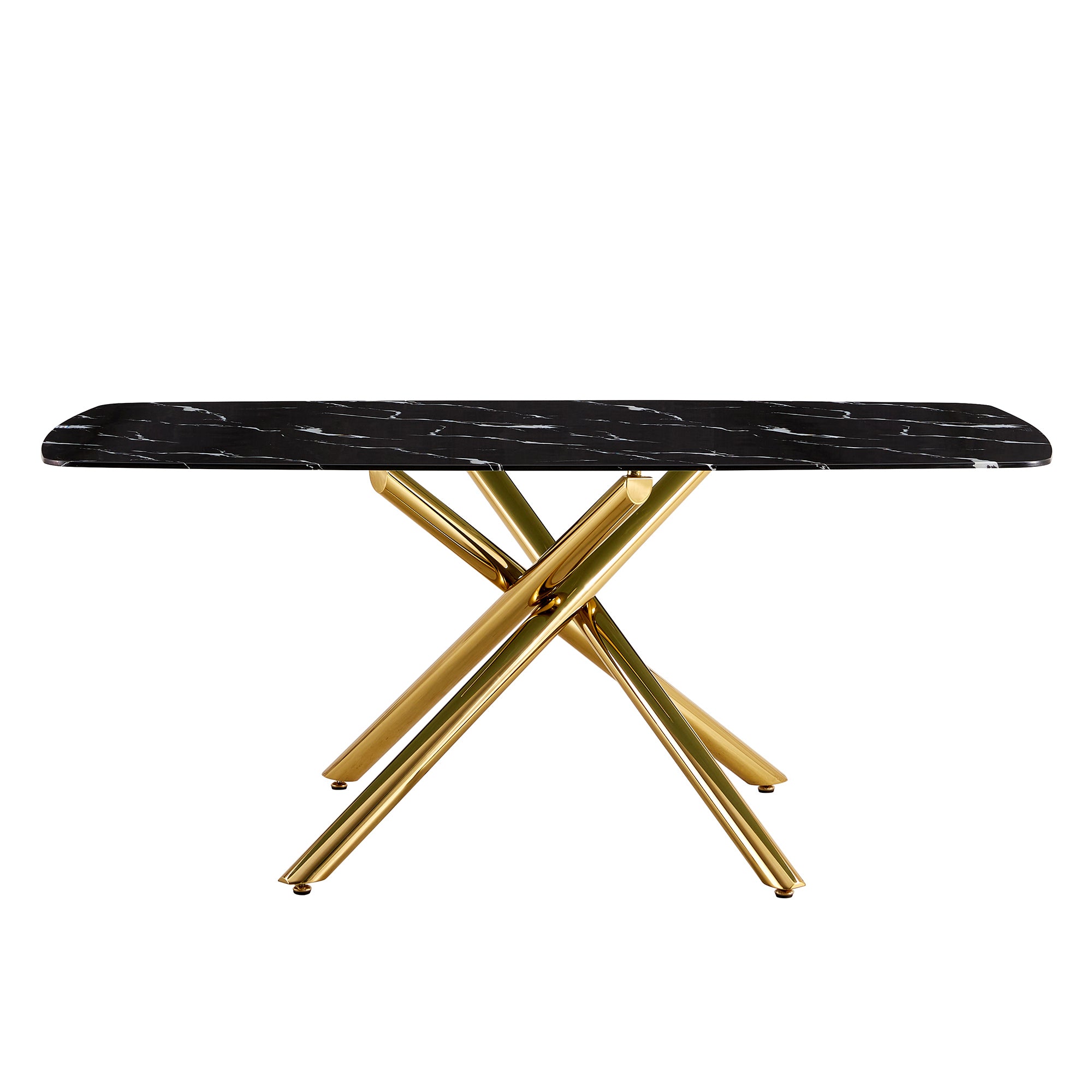 Large modern minimalist rectangular dining table with 0.39 "imitation marble black tabletop and golden metal legs, for Kitchen Dining Living Meeting Room Banquet hall 1537