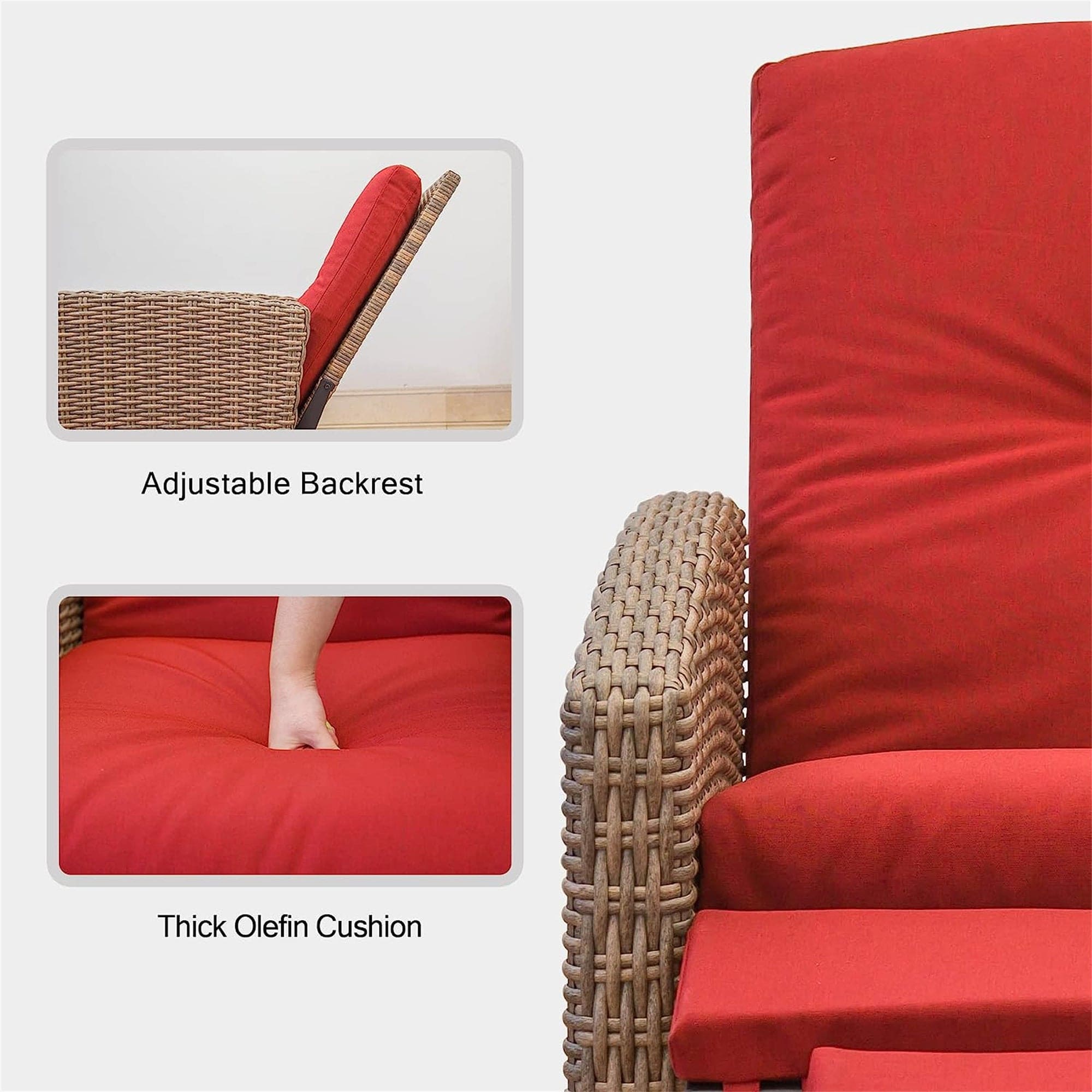 Indoor & Outdoor Recliner, All-Weather Wicker Reclining Patio Chair, Red Cushion (Red,1 Chair)