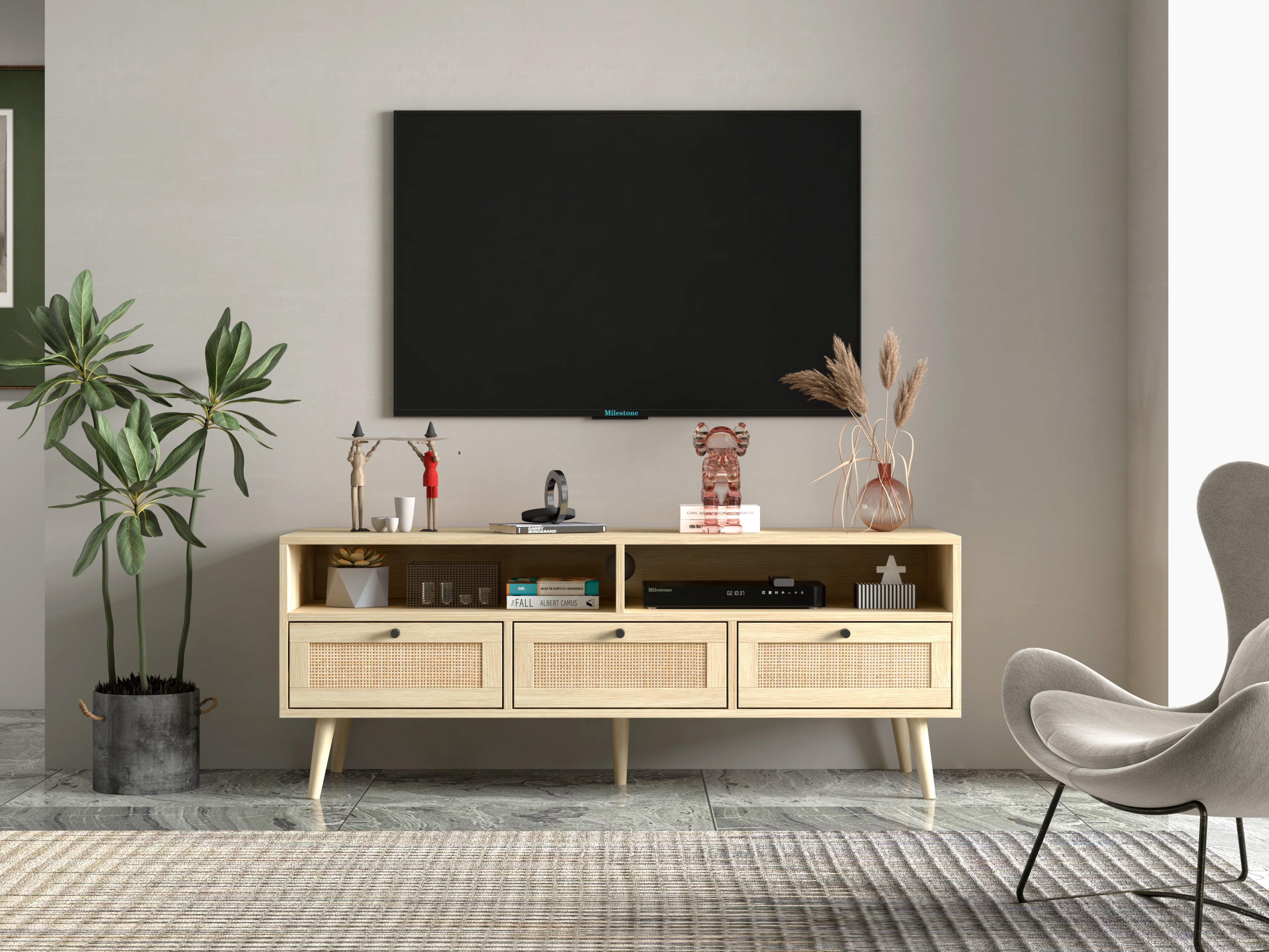 Rattan TV Stand with Solid Wood Feet, TV Console Table for Living Room, Natural