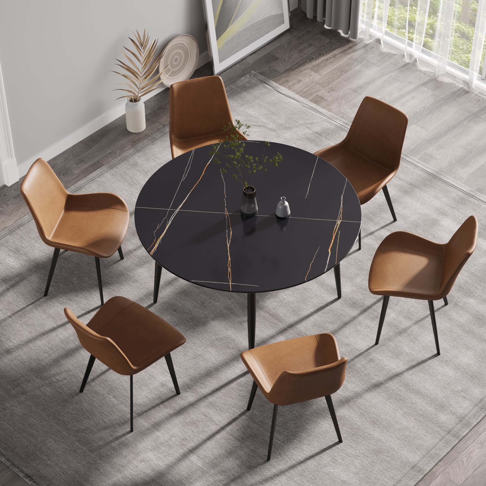 53.15 " modern artificial stone black round dining table with black metal legs-can accommodate 6 people.