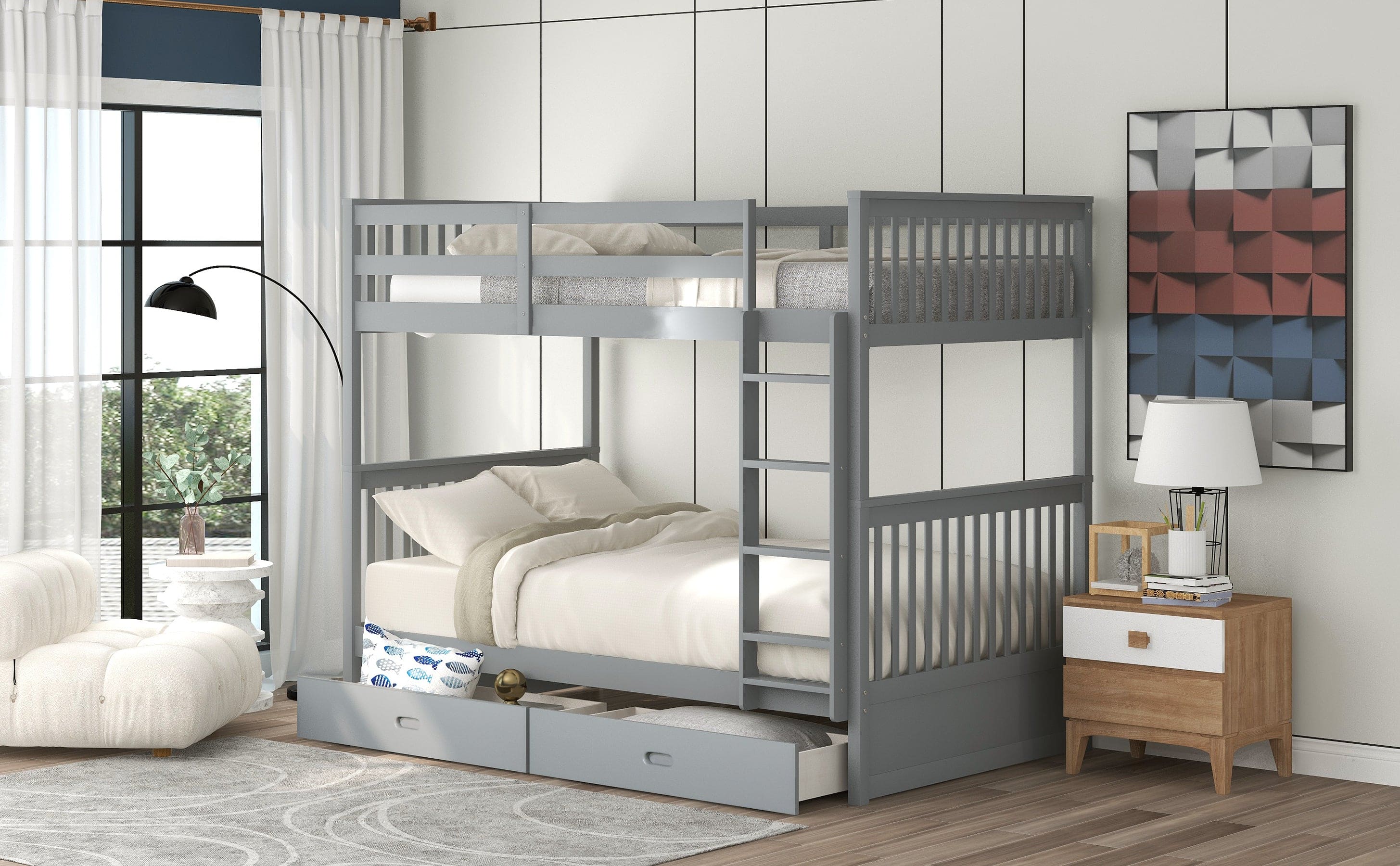 Twin-Over-Twin Bunk Bed with Ladders and Two Storage Drawers (Gray)(LT000265AAE)