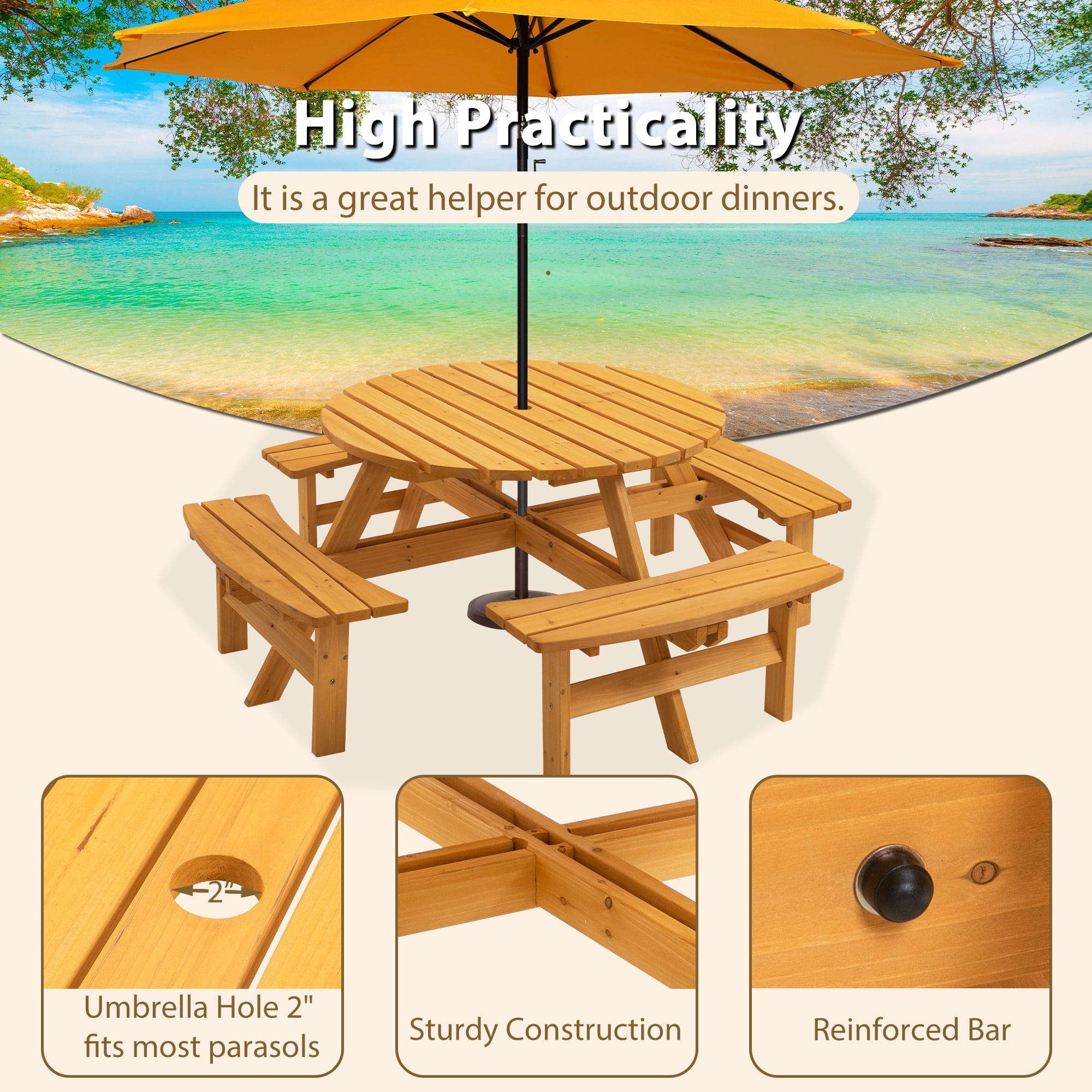 8 Person Wooden Picnic Table, Outdoor Camping Dining Table with Seat, Garden, DIY w/ 4 Built-in Benches, 2220lb Capacity - Natural