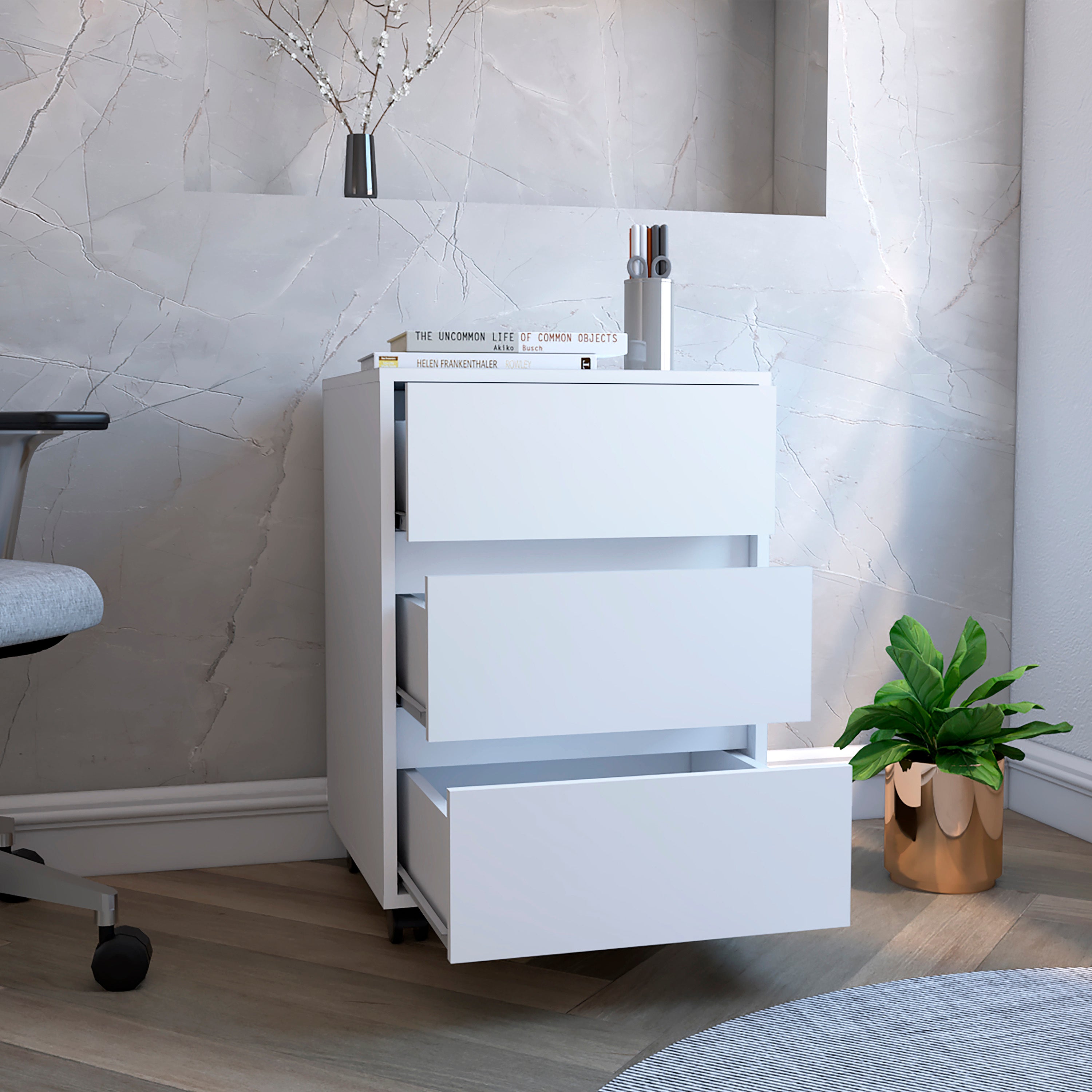 Three Drawers Bang, Filing Cabinet, Roller Blade Glide, White Finish