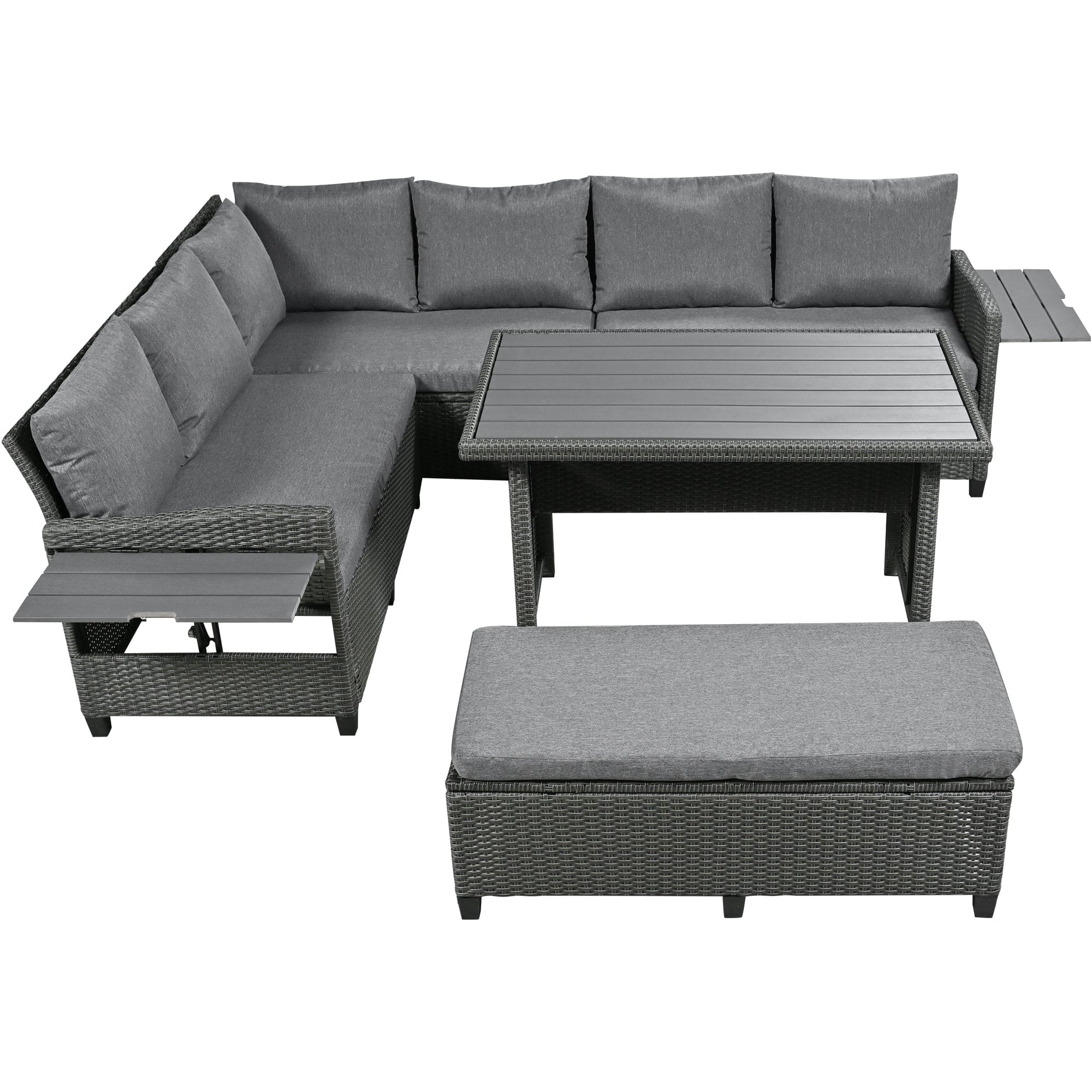 TOMAX 5-Piece Outdoor Patio Rattan Sofa Set, Sectional PE Wicker L-Shaped Garden Furniture Set with 2 Extendable Side Tables, Dining Table and Washable Covers for Backyard, Poolside, Indoor, Gray