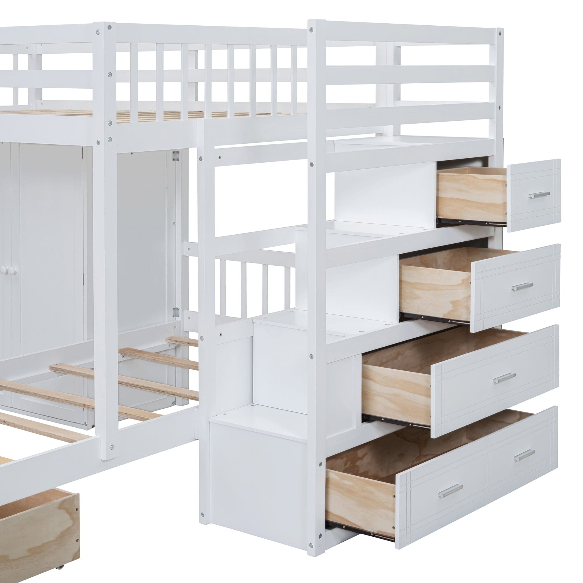 Full Over Twin Bunk Bed with Wardrobe, Drawers, White