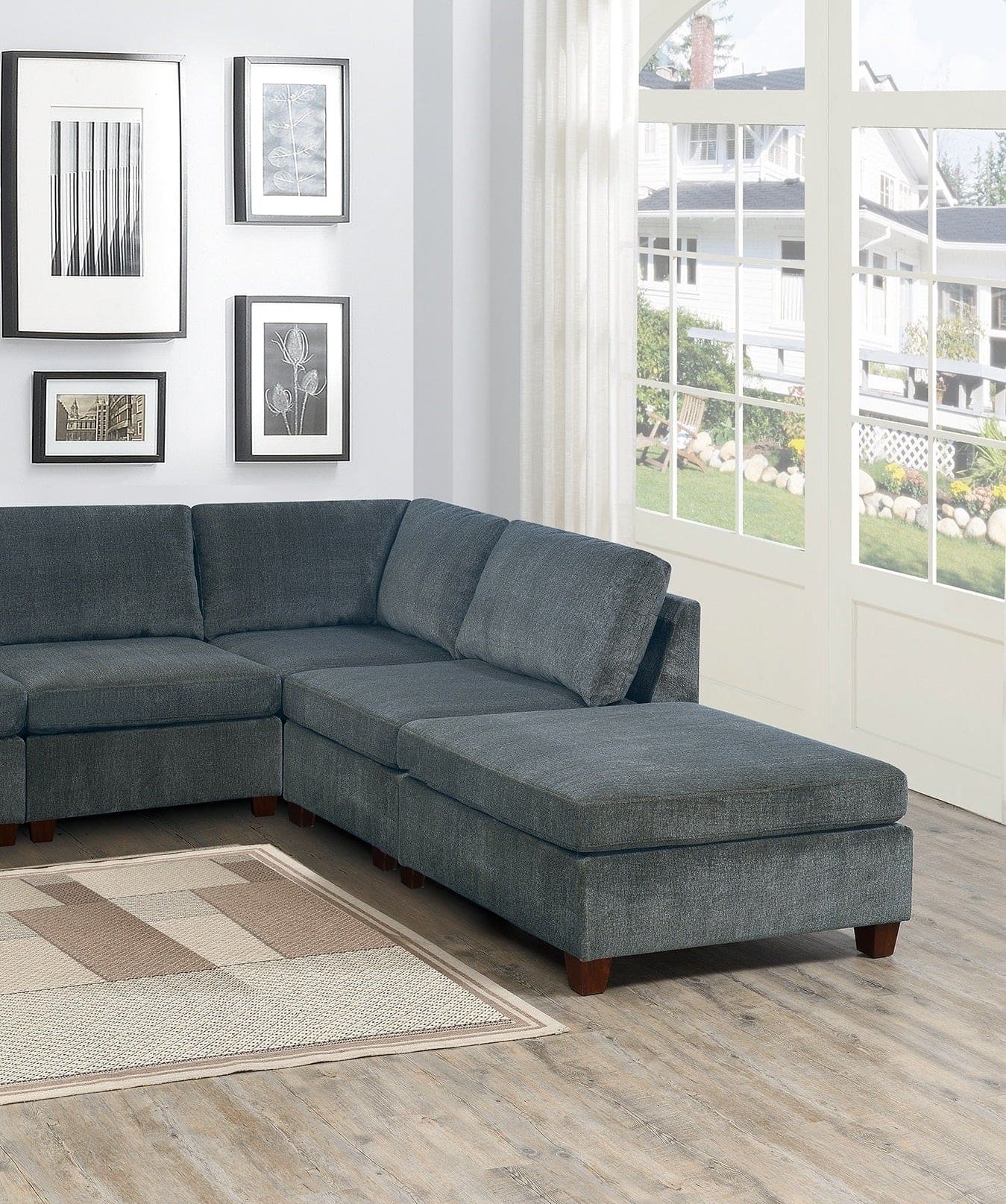 Living Room Furniture Gray Chenille Modular Sectional 7pc Set U-Sectional Modern Couch 2x Corner Wedge 3x Armless Chairs and 2x Ottoman Plywood