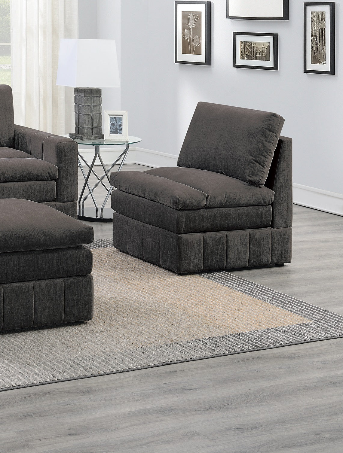 Contemporary 5pc Set Modular Sofa Set 2x One Arm Chair / Wedge 2x Armless Chairs 1x Ottoman Mink Morgan Fabric Plush Living Room Furniture