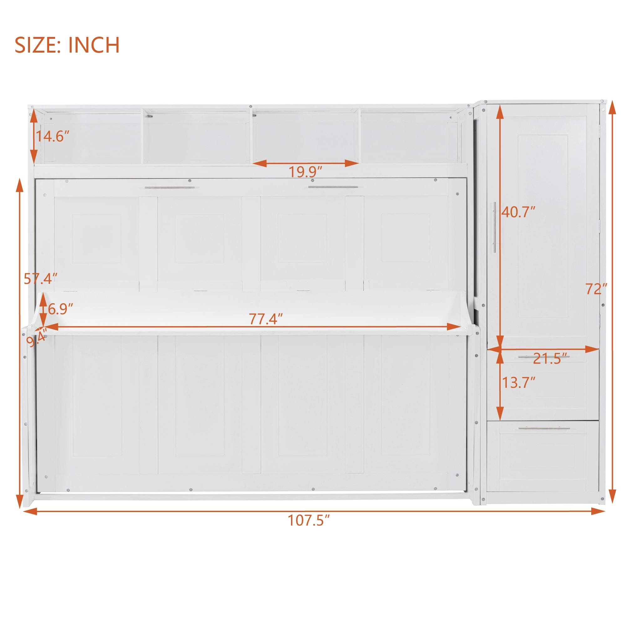 Full Size Murphy Bed Wall Bed with Closet and Drawers,White