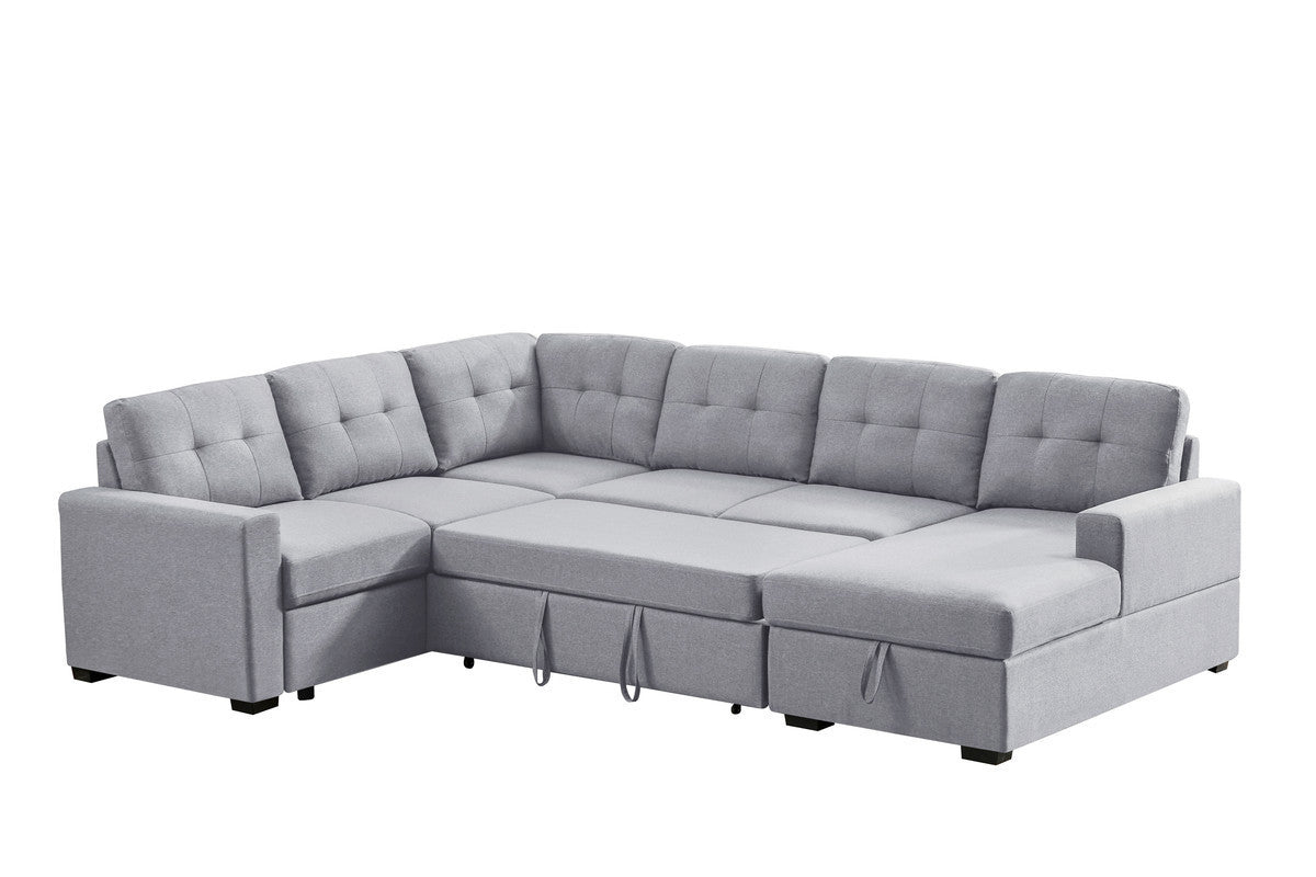 Selene Light Gray Linen Fabric Sleeper Sectional Sofa with Storage Chaise