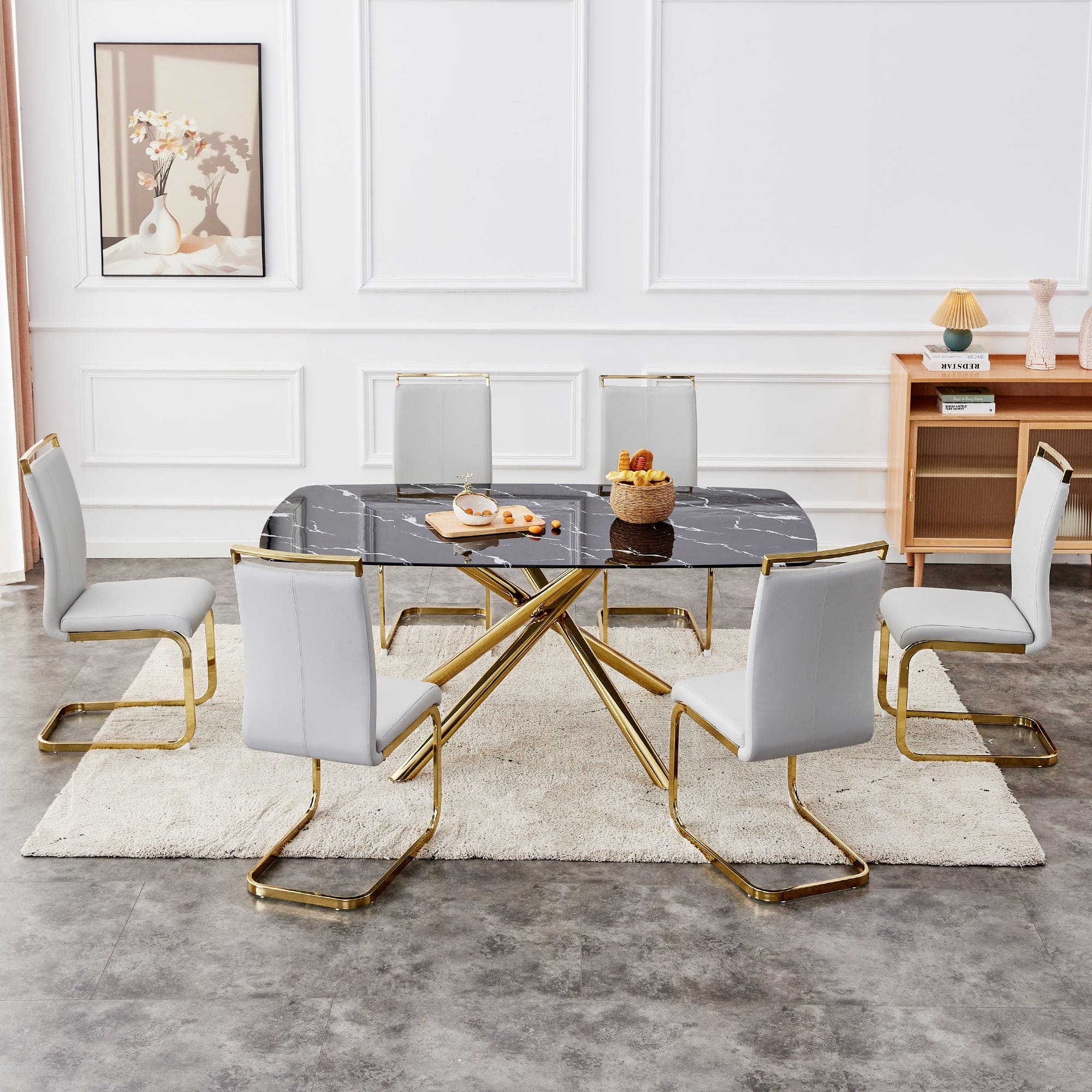 Large modern minimalist rectangular dining table with 0.39 "imitation marble black tabletop and golden metal legs, for Kitchen Dining Living Meeting Room Banquet hall 1537