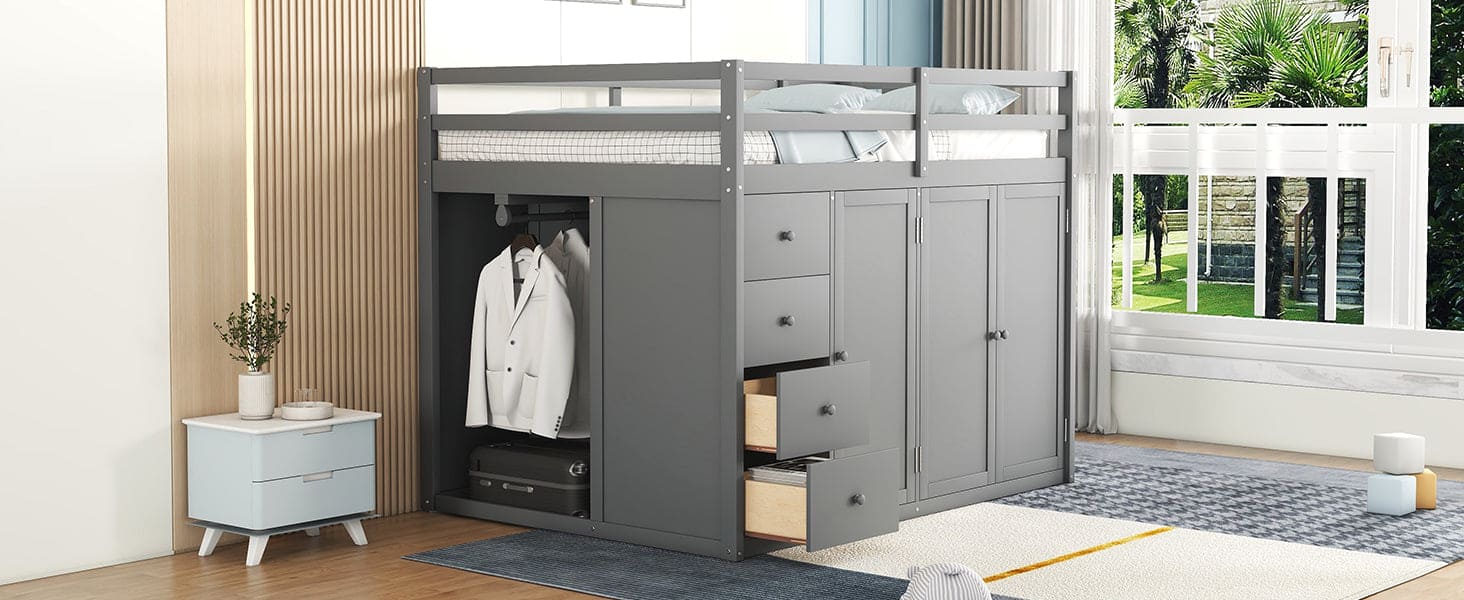 Full Size Wood Loft Bed With Built-in Wardrobes, Cabinets and Drawers, Gray