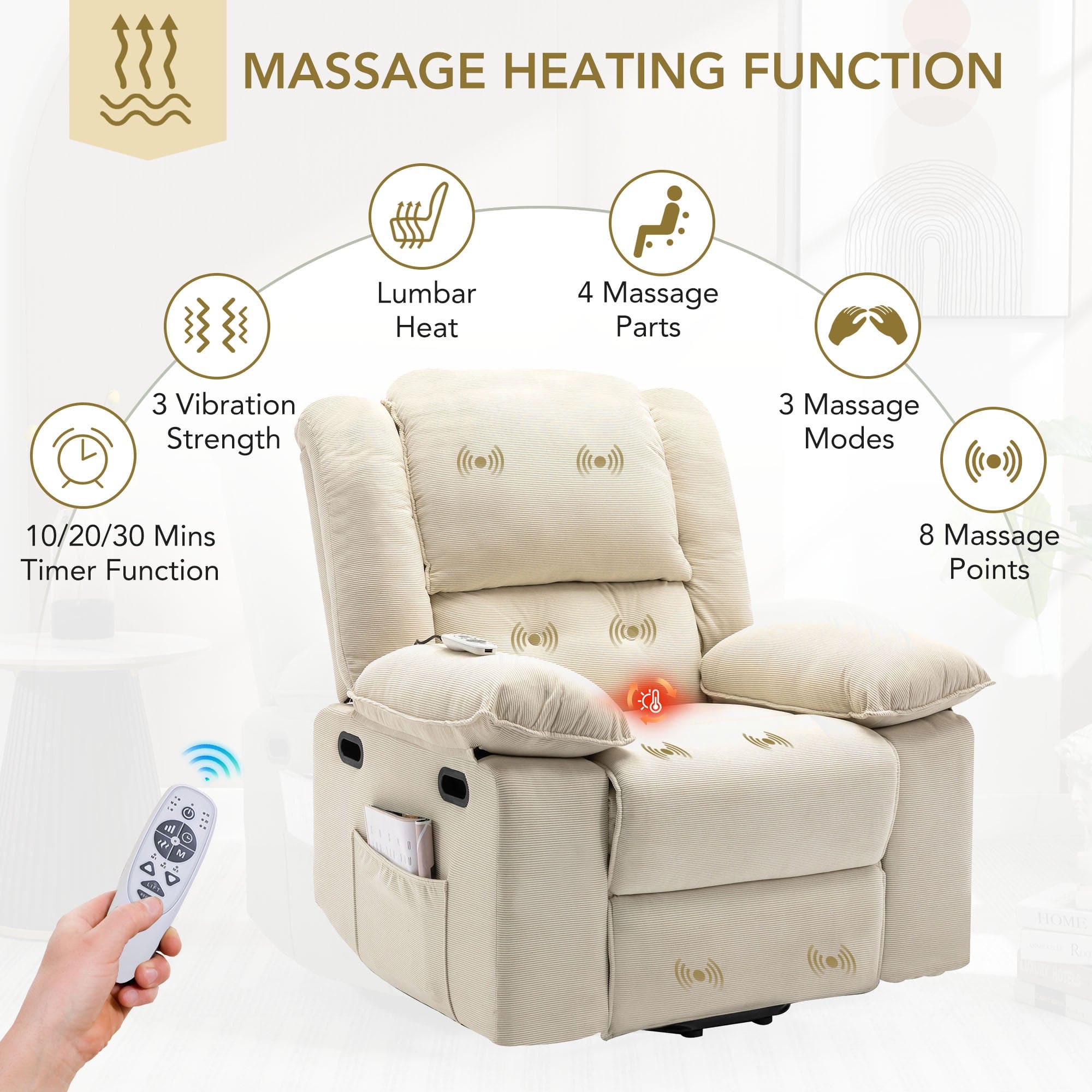 Massage Recliner,Power Lift Chair for Elderly with Adjustable Massage and Heating Function,Recliner Chair with Infinite Position and Side Pocket for Living Room ,Beige