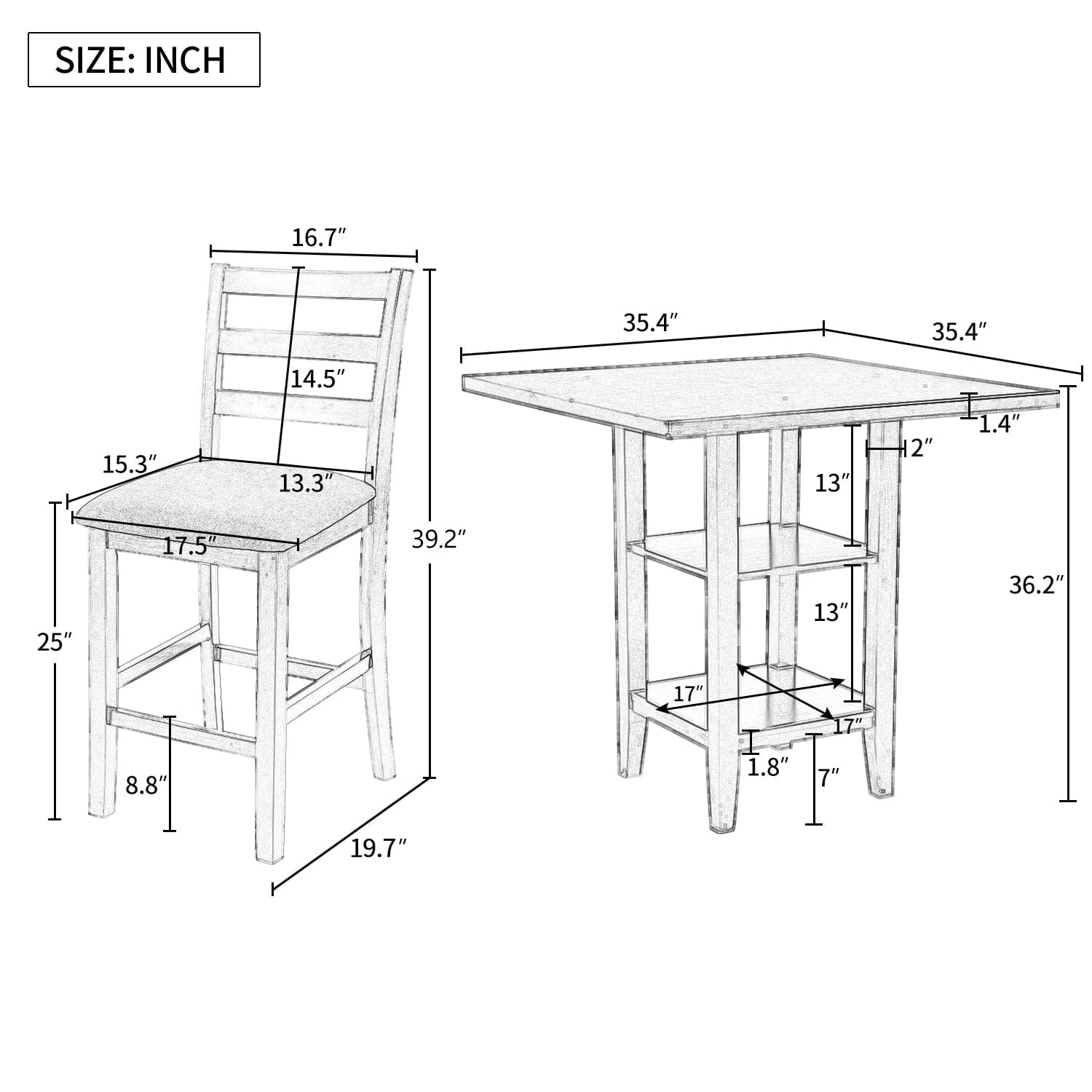 TREXM 5-Piece Wooden Counter Height Dining Set with Padded Chairs and Storage Shelving (Gray)