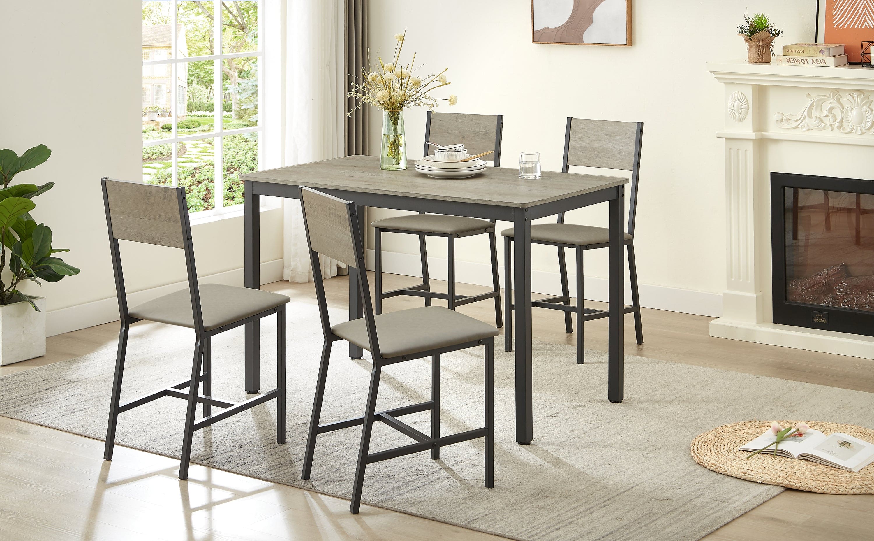 Dining Set for 5 Kitchen Table with 4 Upholstered Chairs, Grey, 47.2'' L x 27.6'' W x 29.7'' H.