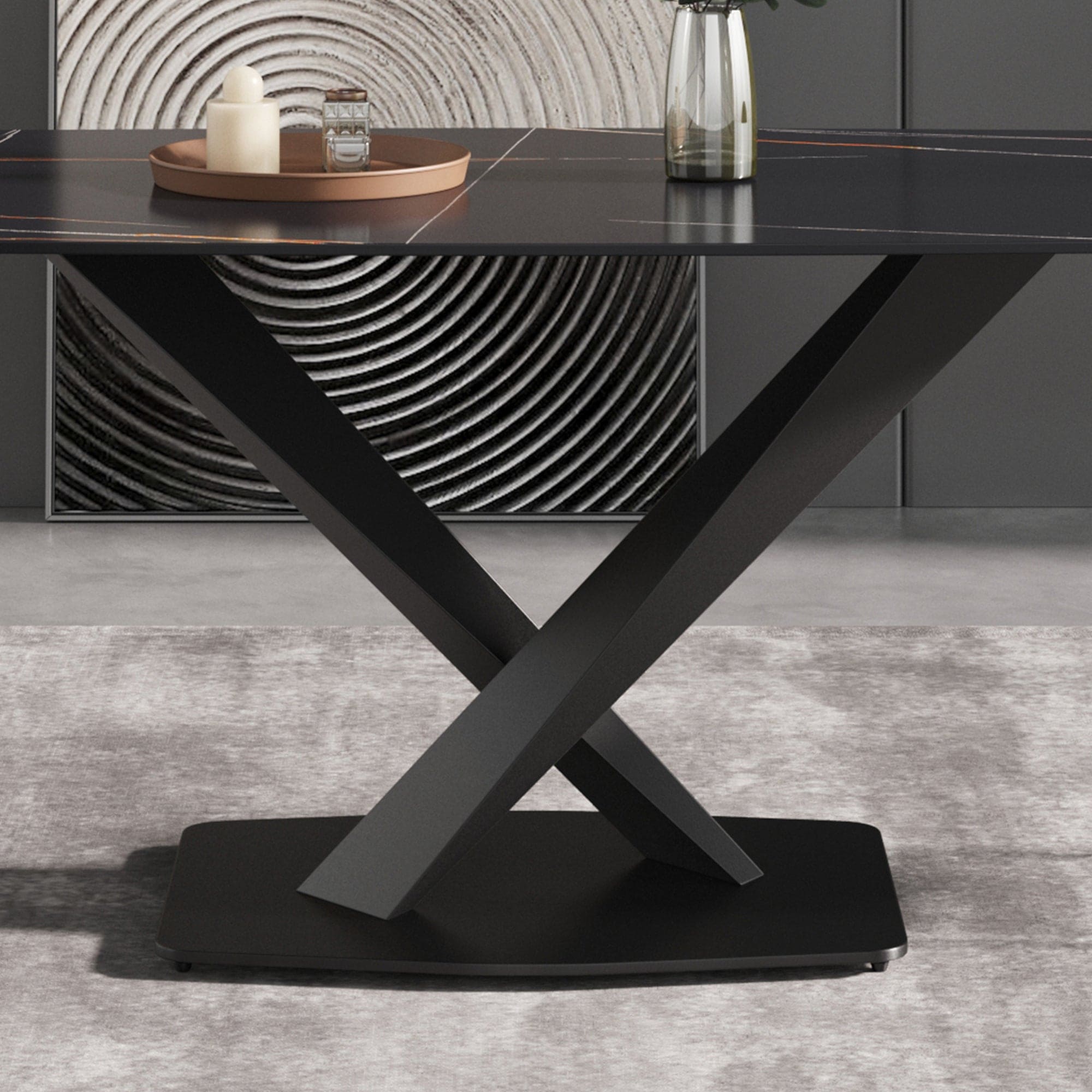 63"Modern artificial stone black curved black metal leg dining table -6 people