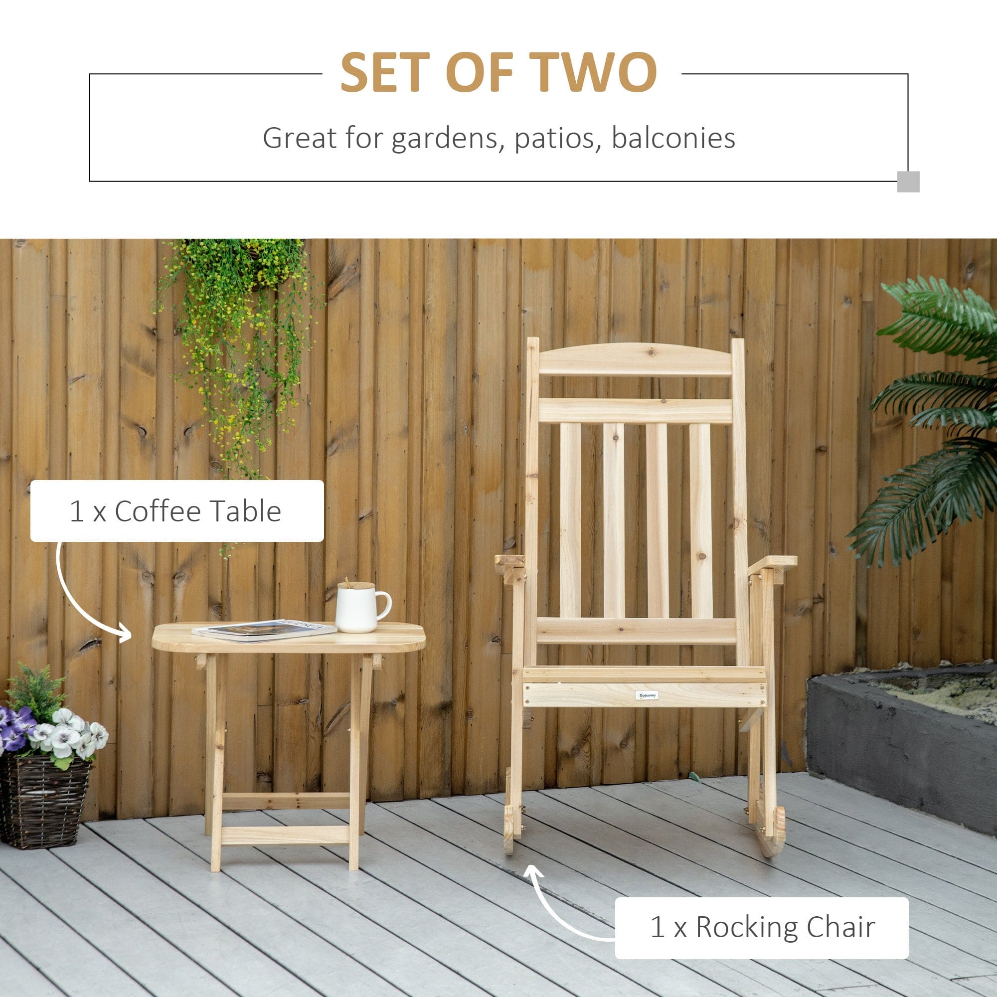 Outsunny 2 Pieces Wood Patio Bistro Set, Outdoor Rocking Chair Set with Armrests and High Back Rocking Chair and Portable Side Table, for Indoor, Outdoor, Patio, Backyard, Natural