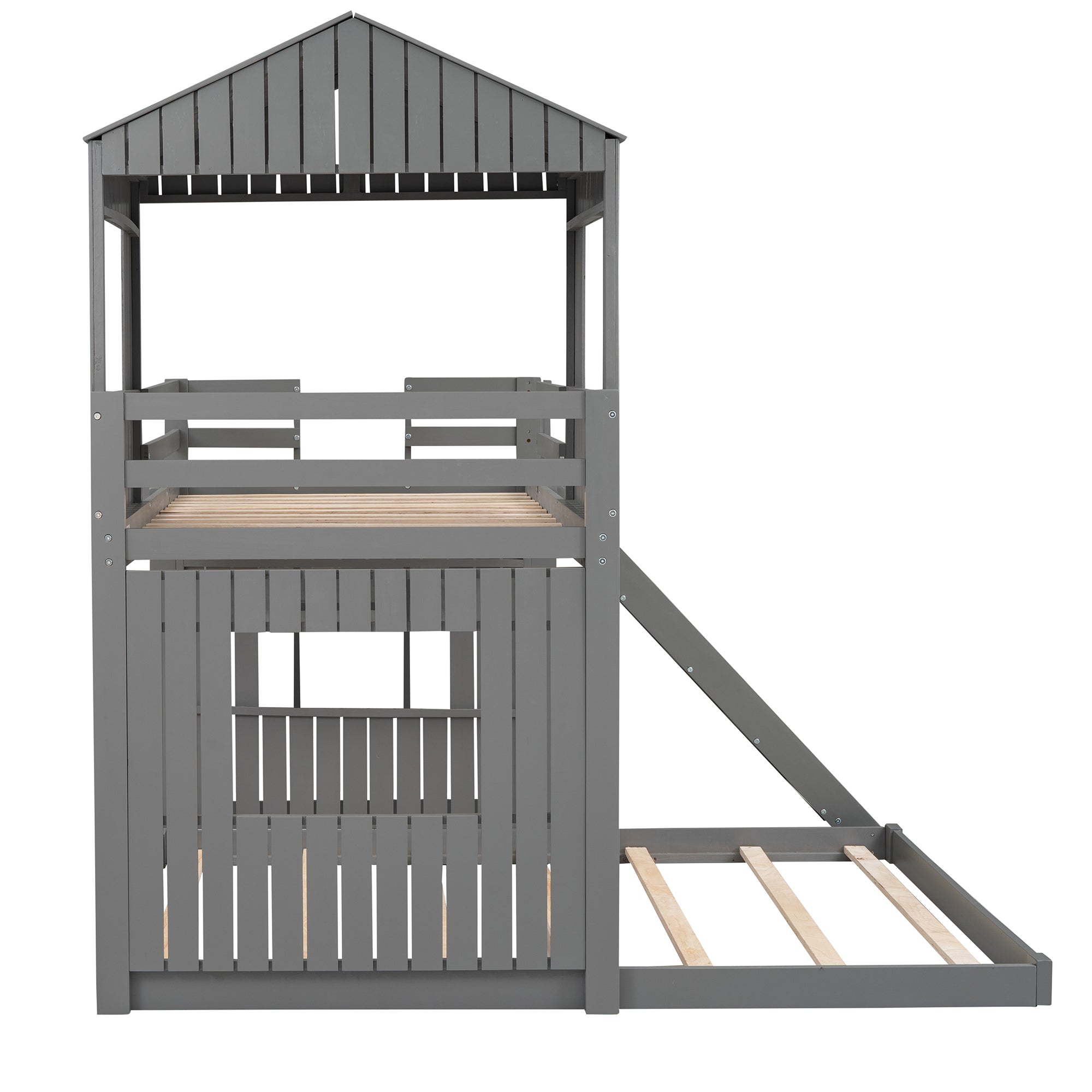 Wooden Twin Over Full Bunk Bed, Loft Bed with Playhouse, Farmhouse, Ladder, Slide and Guardrails, Gray(OLD SKU :LT000028AAN)