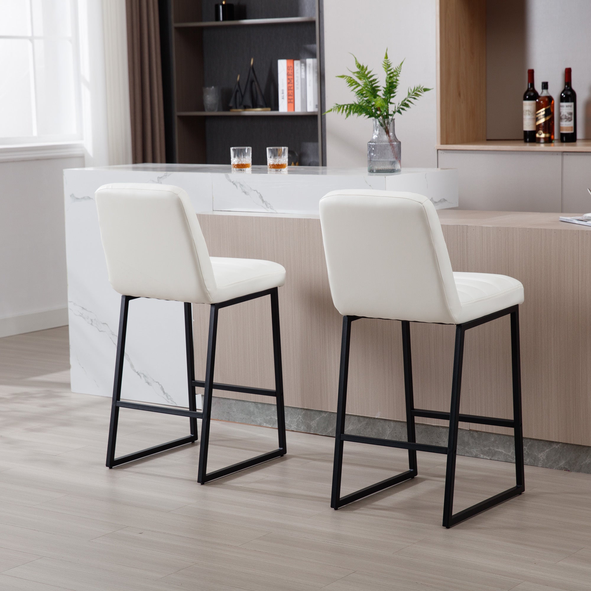 Low Bar Stools Set of 2 Bar Chairs for Living Room Party Room Kitchen,Upholstered PU Kitchen Breakfast Bar Stools with Footrest,Cream