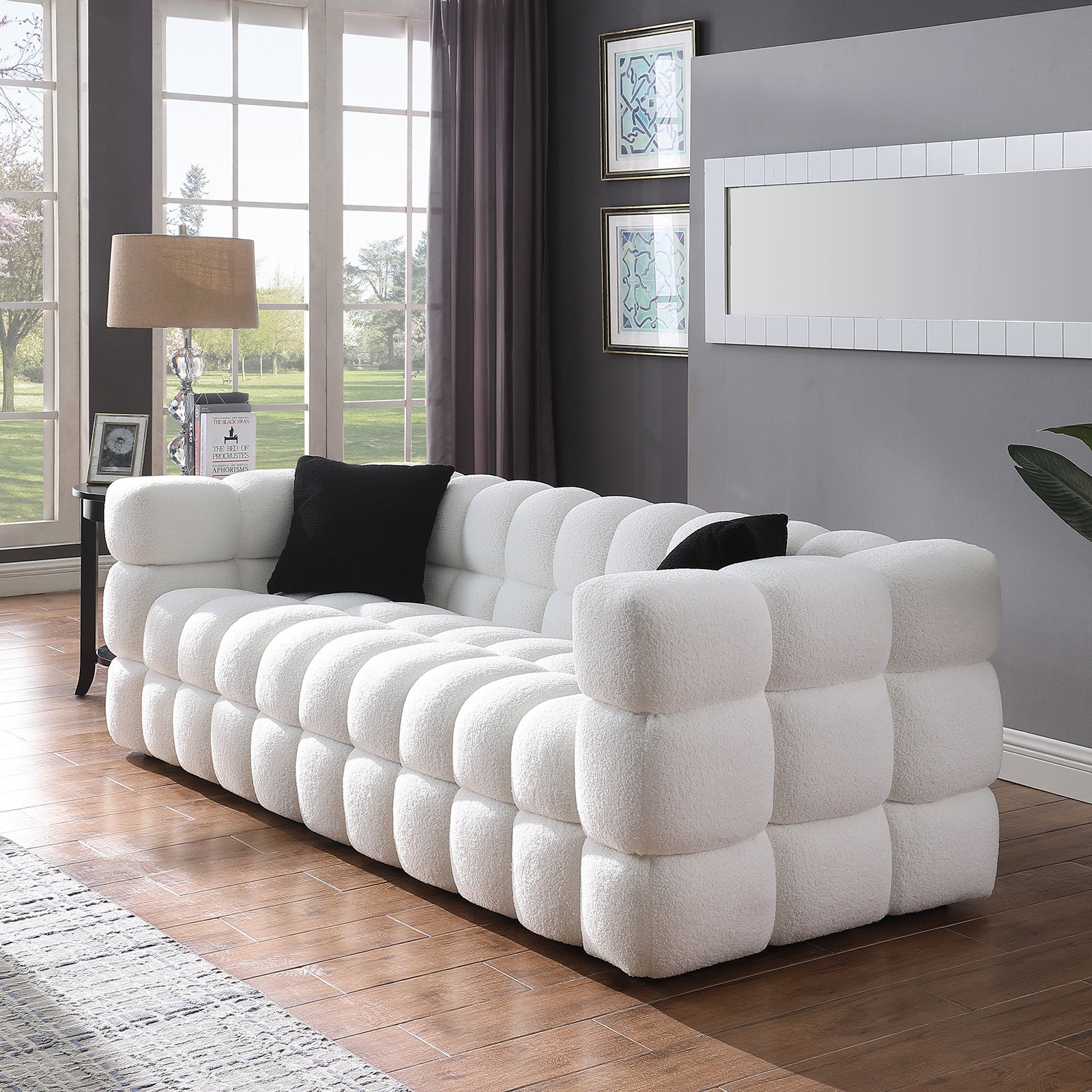 84.3 length ,35.83" deepth ,human body structure for USA people,  marshmallow sofa,boucle sofa ,White color,3 seater