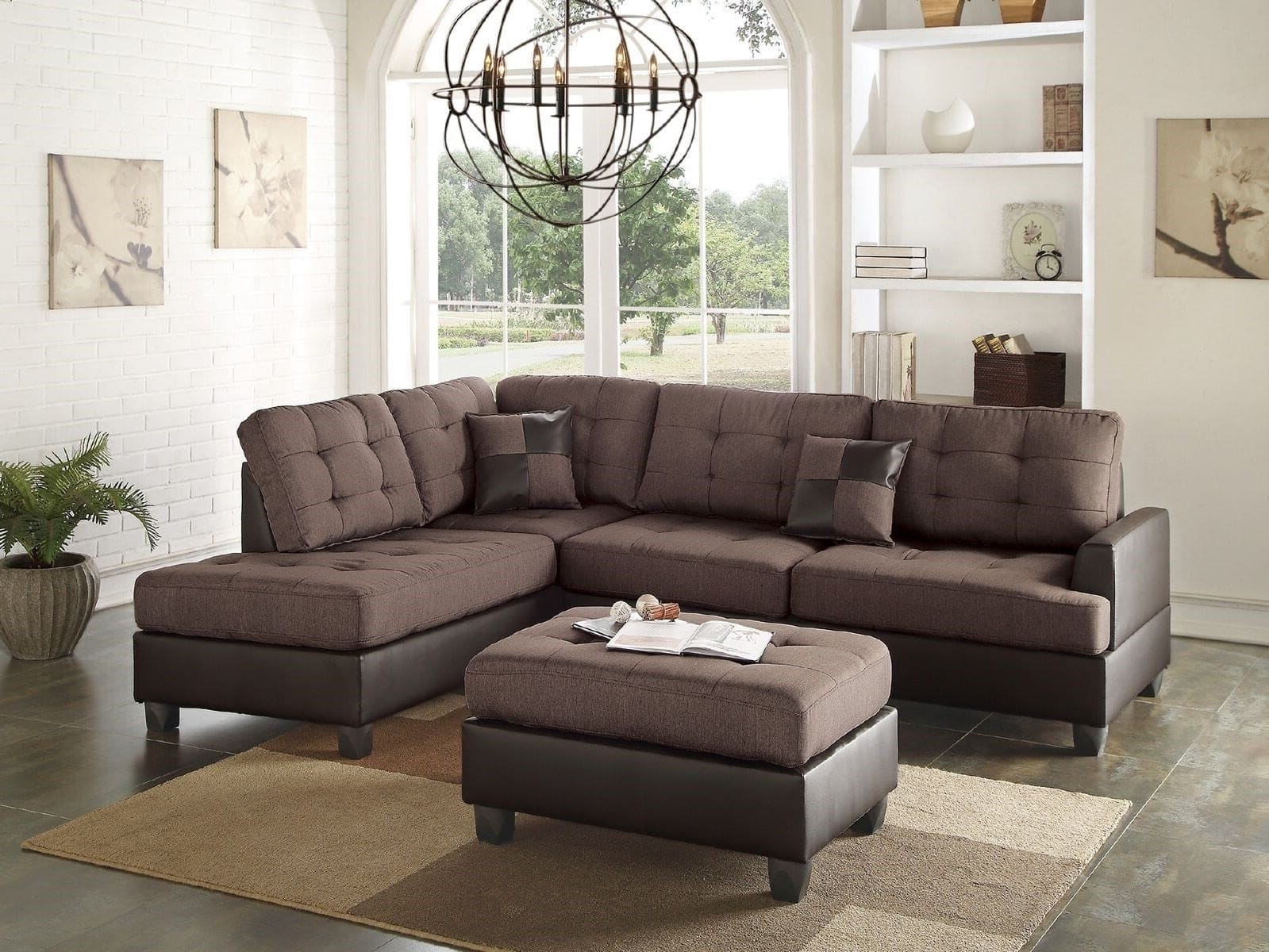 Sectional Sofa Chocolate Polyfiber Cushion Tufted Reversible 3pc Sectional Sofa, Chaise  Ottoman Living Room Furniture