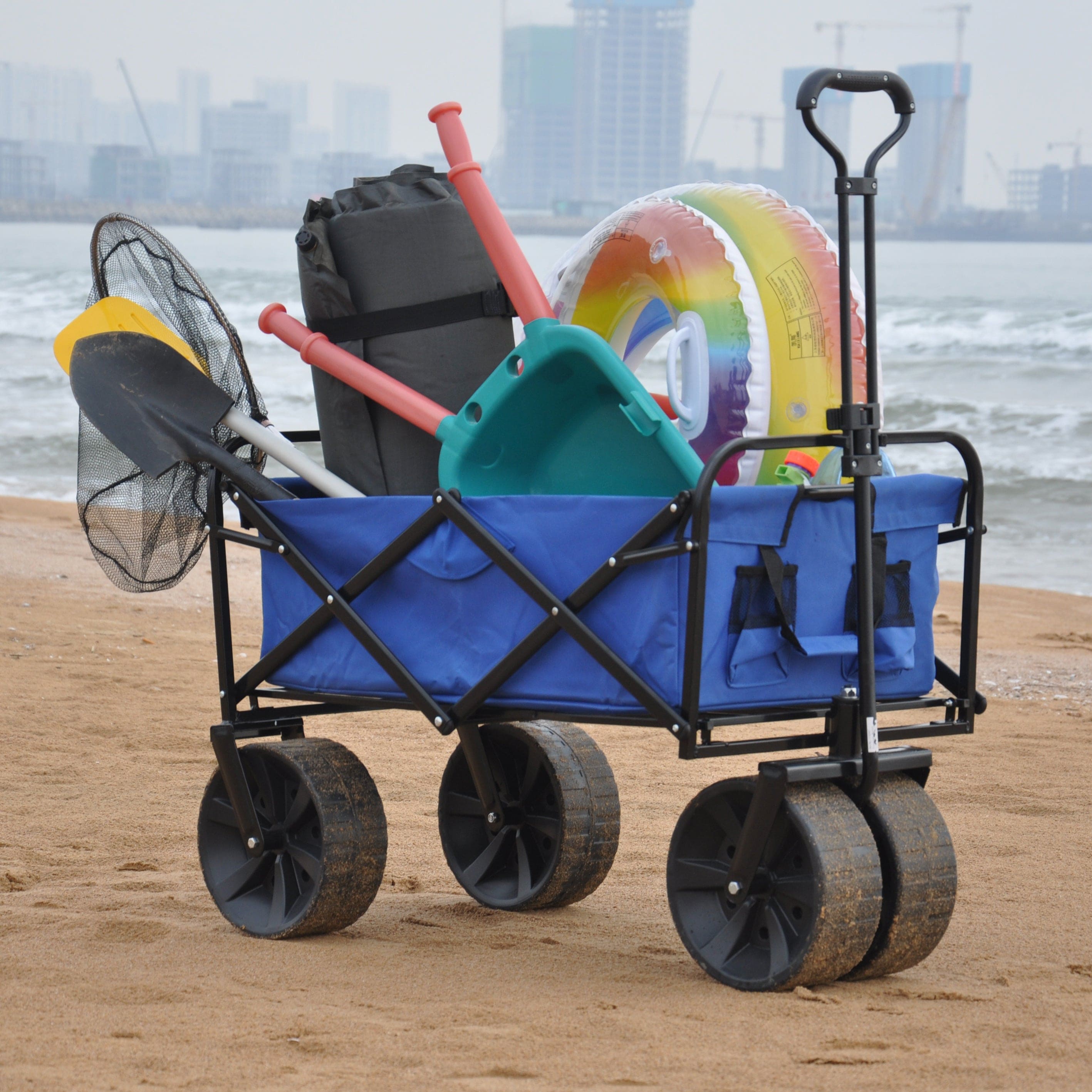 Folding Wagon Garden Shopping Beach Cart (Blue)