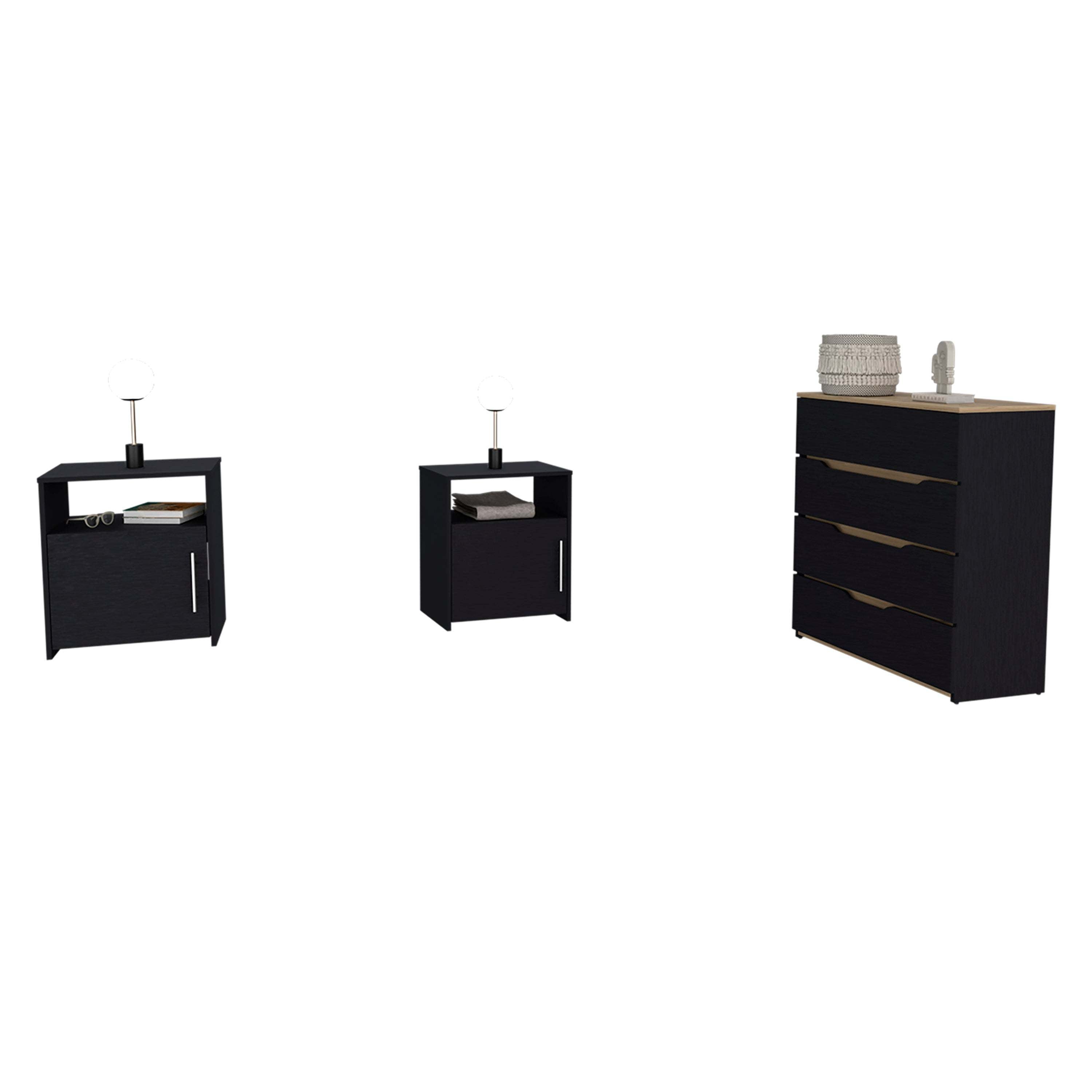 Myra 3 Piece Bedroom Set, Aralia Drawer Dresser, 2 Omaha Nightstands, Black / Light Oak