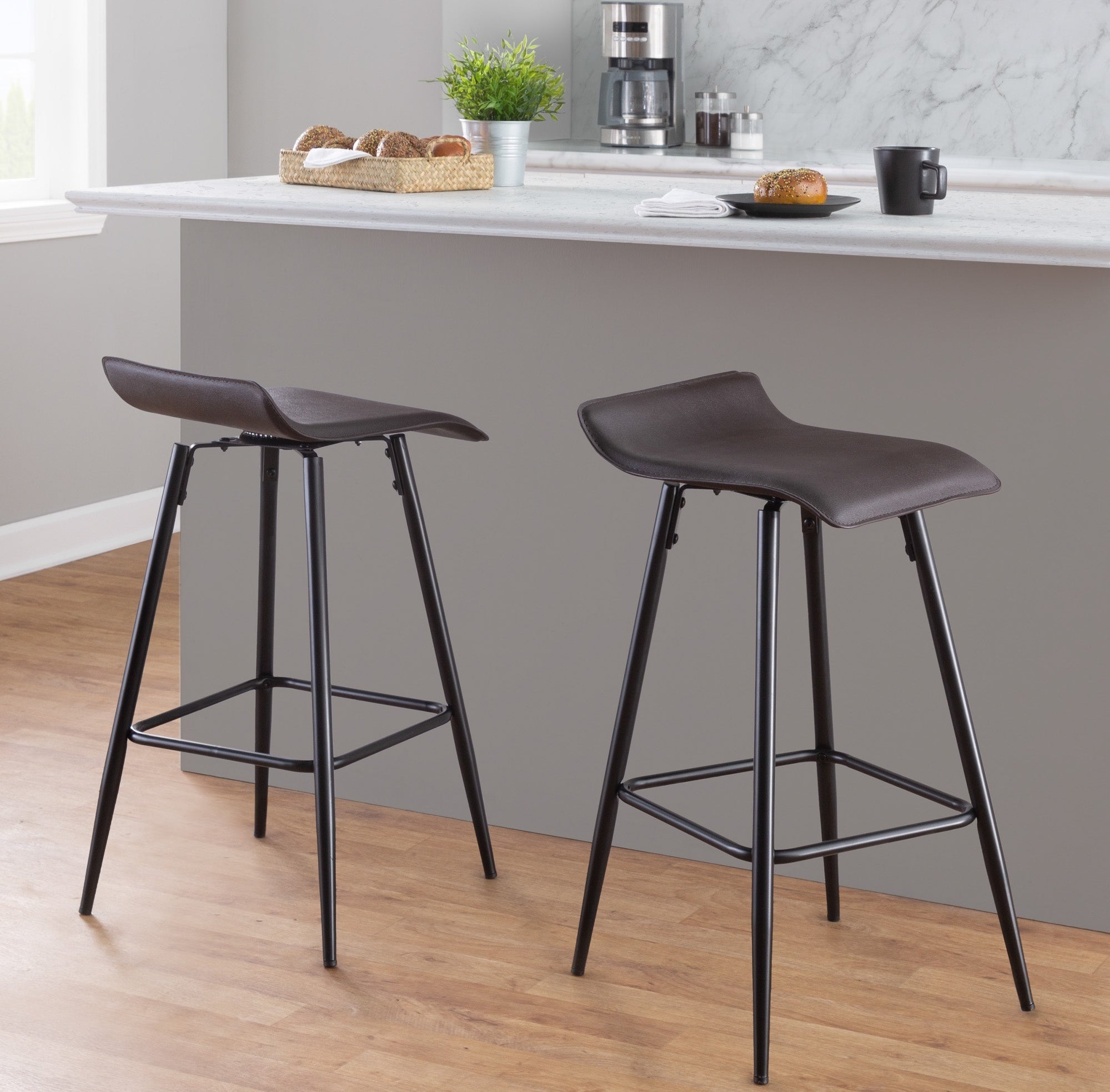 Ale 26" Contemporary Fixed Height Counter Stool in Black Steel and Espresso Faux Leather by LumiSource - Set of 2