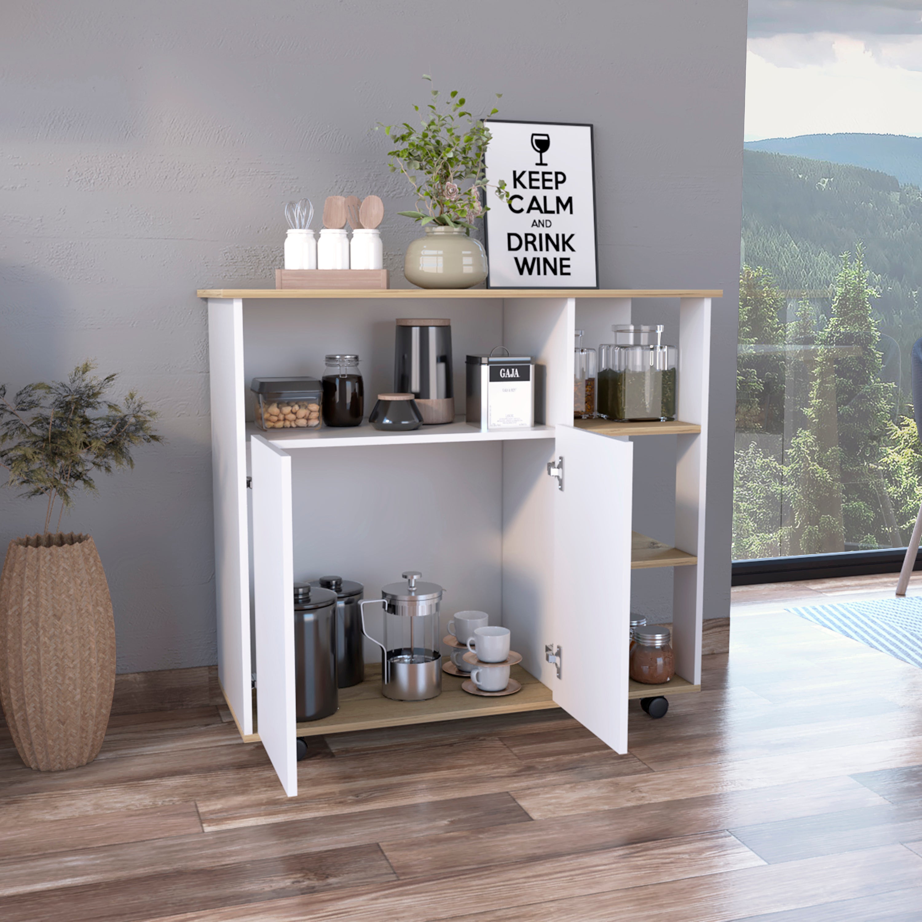 Paprika Kitchen Cart, Four Casters , Four Open Shelves, Double Door Cabinet -Light Oak / White