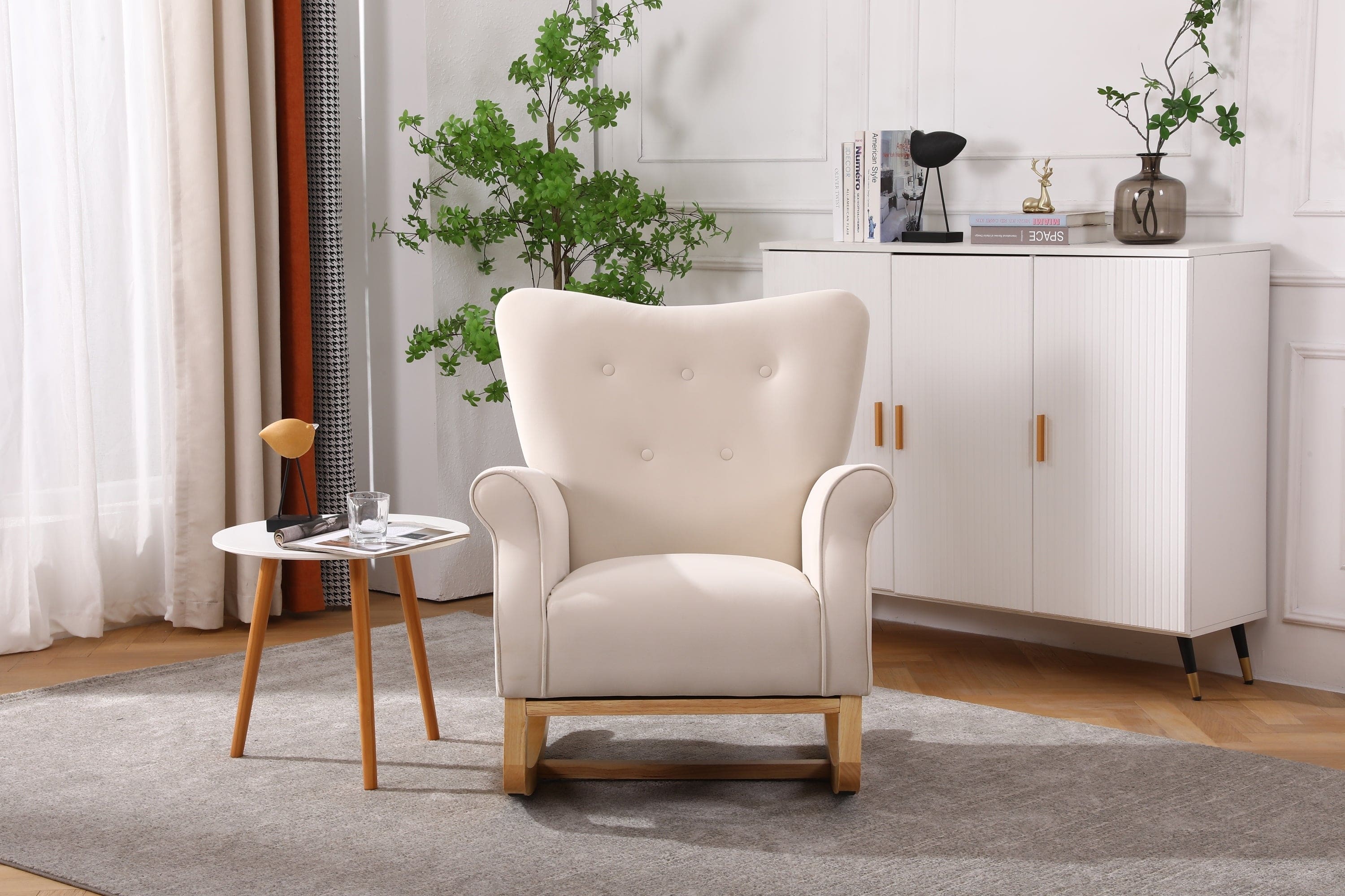 Baby Room High Back Rocking Chair Nursery Chair , Comfortable Rocker Fabric Padded Seat ,Modern High Back Armchair