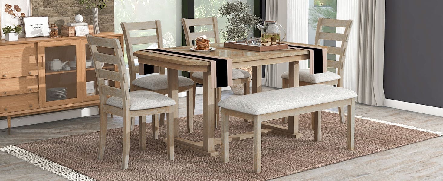 TREXM 6-Piece Rubber Wood Dining Table Set with Beautiful Wood Grain Pattern Tabletop Solid Wood Veneer and Soft Cushion (Natural Wood Wash)