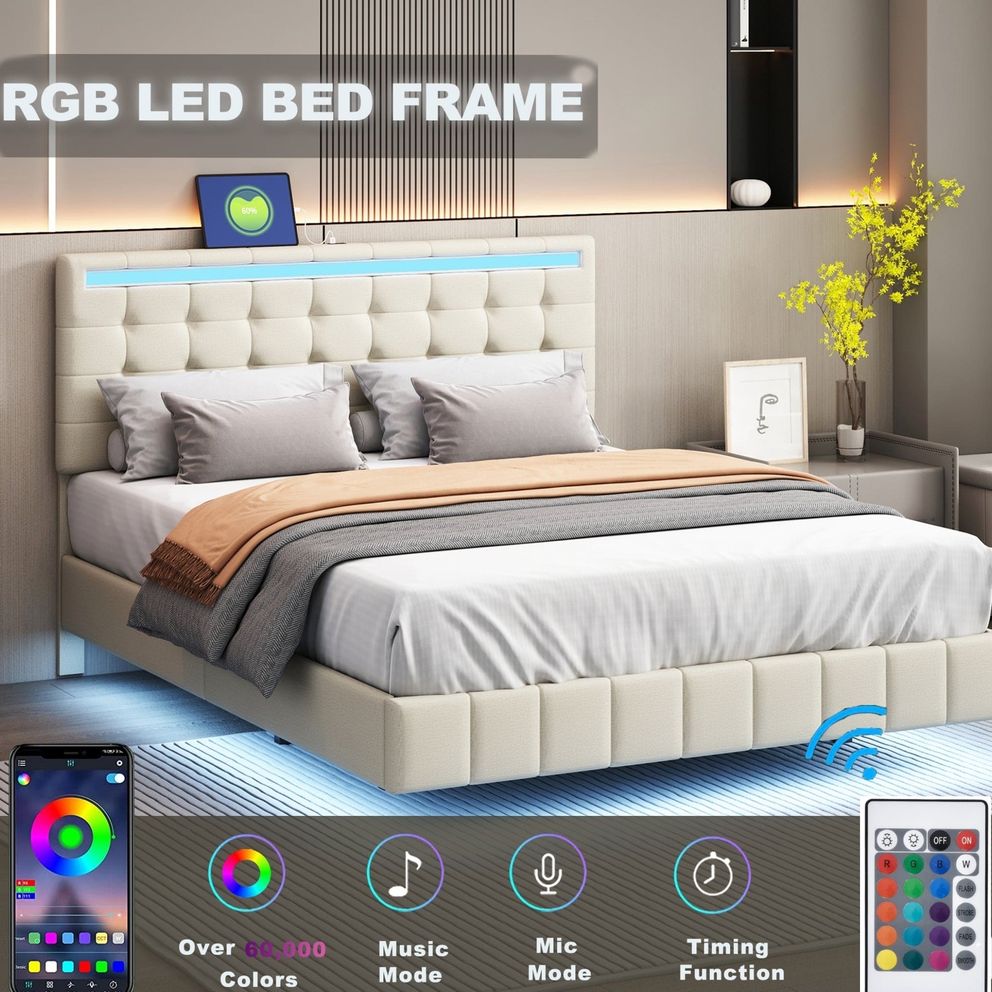 Queen Size Floating Bed Frame with LED Lights and USB Charging,Modern Upholstered Platform LED Bed Frame,Beige