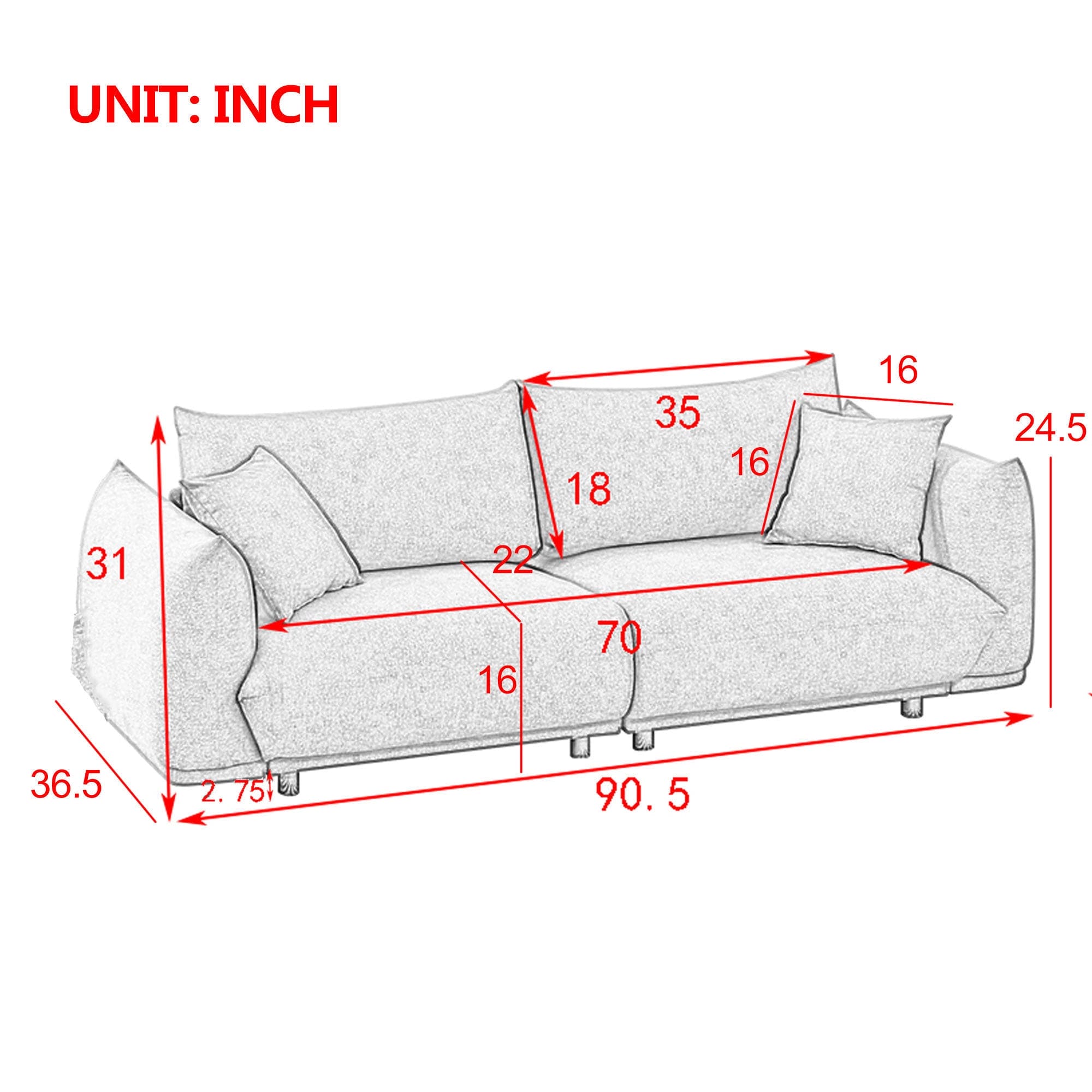 90.5'' Modern Couch for Living Room Sofa,Solid Wood Frame and Stable Metal Legs, 2 Pillows, Sofa Furniture for Apartment