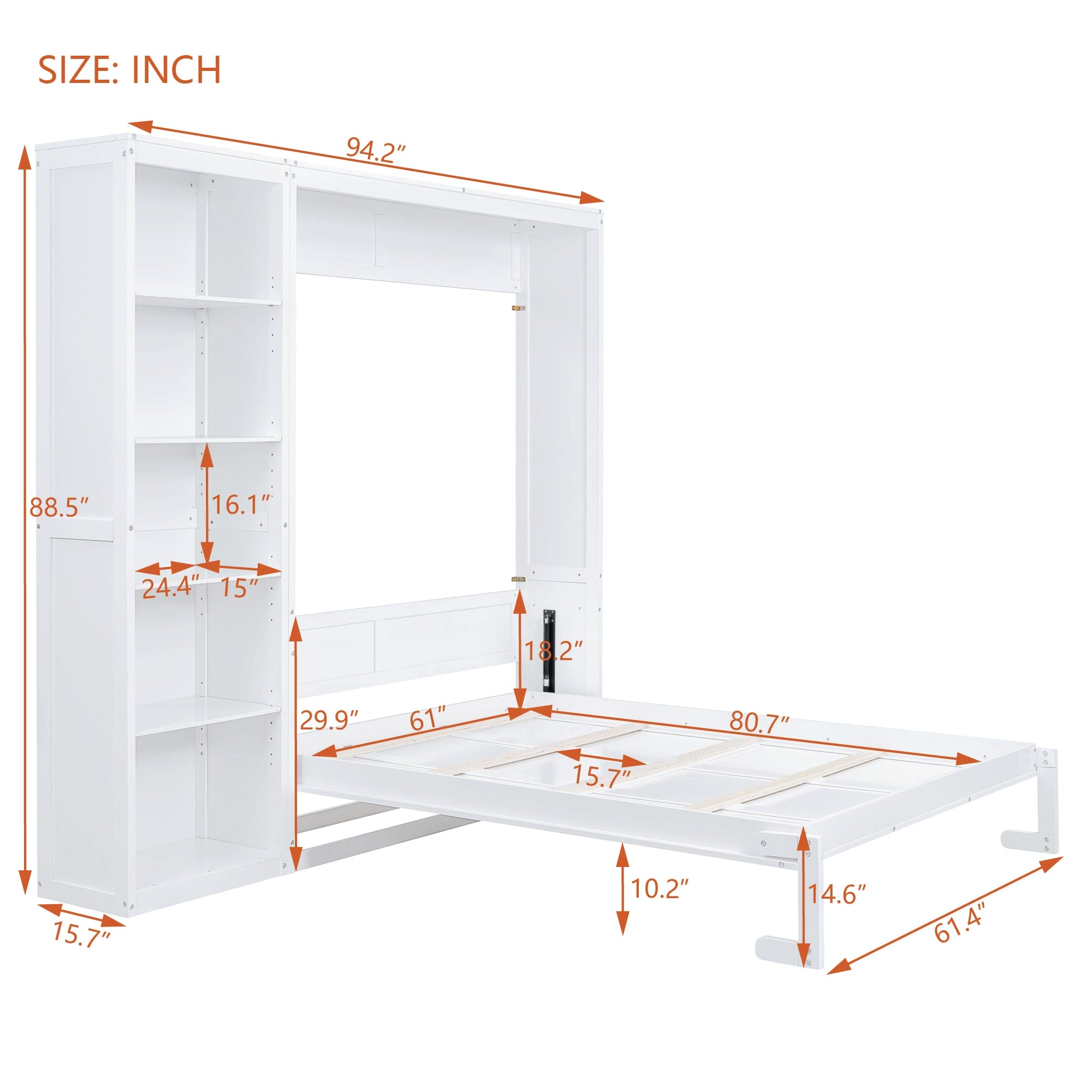 Queen Size Murphy Bed Wall Bed with Shelves,White