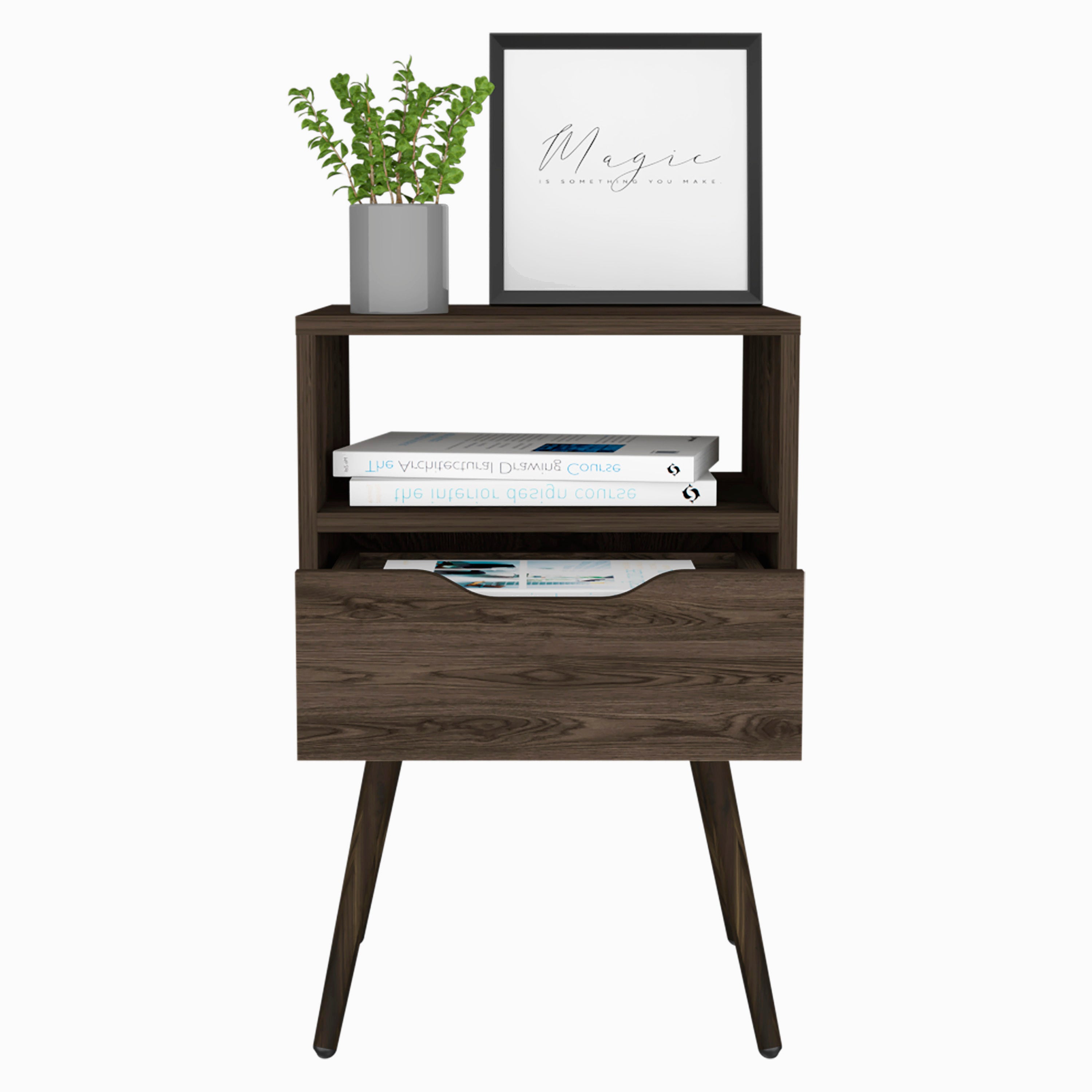 Nightstand  Fugaz, Open Shelf, Single Drawer, Dark Walnut Finish