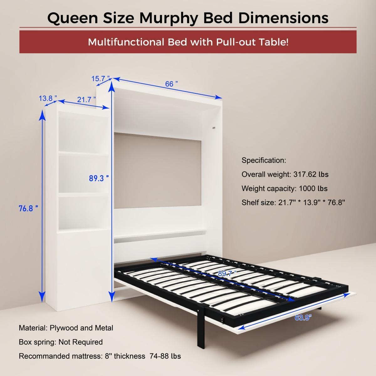 Queen  Size Morden Deisgn Full Size Vertical Murphy Bed with Shelf and Drawers for Bedroom or Guestroom White Wall Bed Space Saving Hidden Bed with New Style Gas Struts