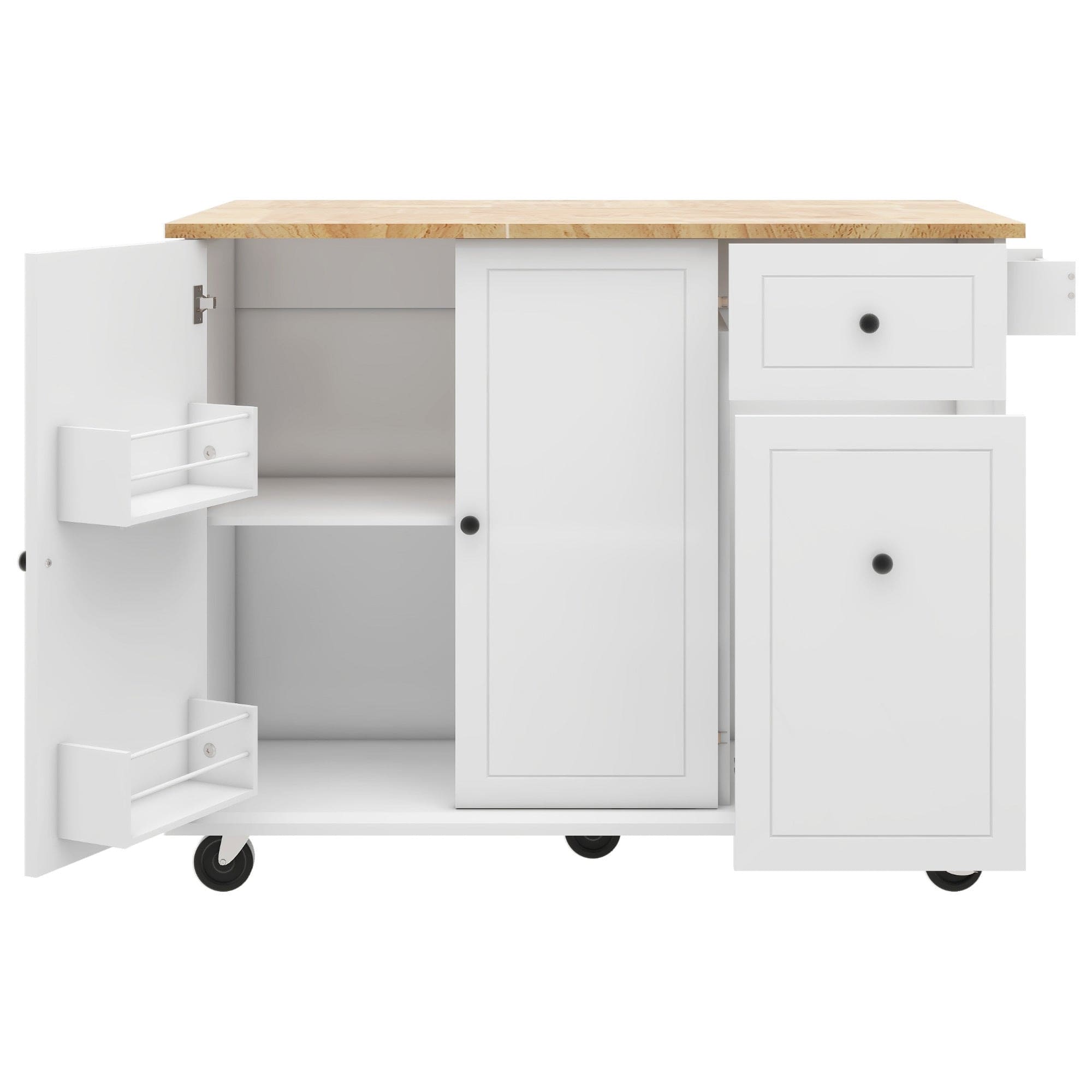 Kitchen Island with Drop Leaf, 53.9" Width Rolling Kitchen Cart on Wheels with Internal Storage Rack and 3 Tier Pull Out Cabinet Organizer, Kitchen Storage Cart with Spice Rack, Towel Rack (White)