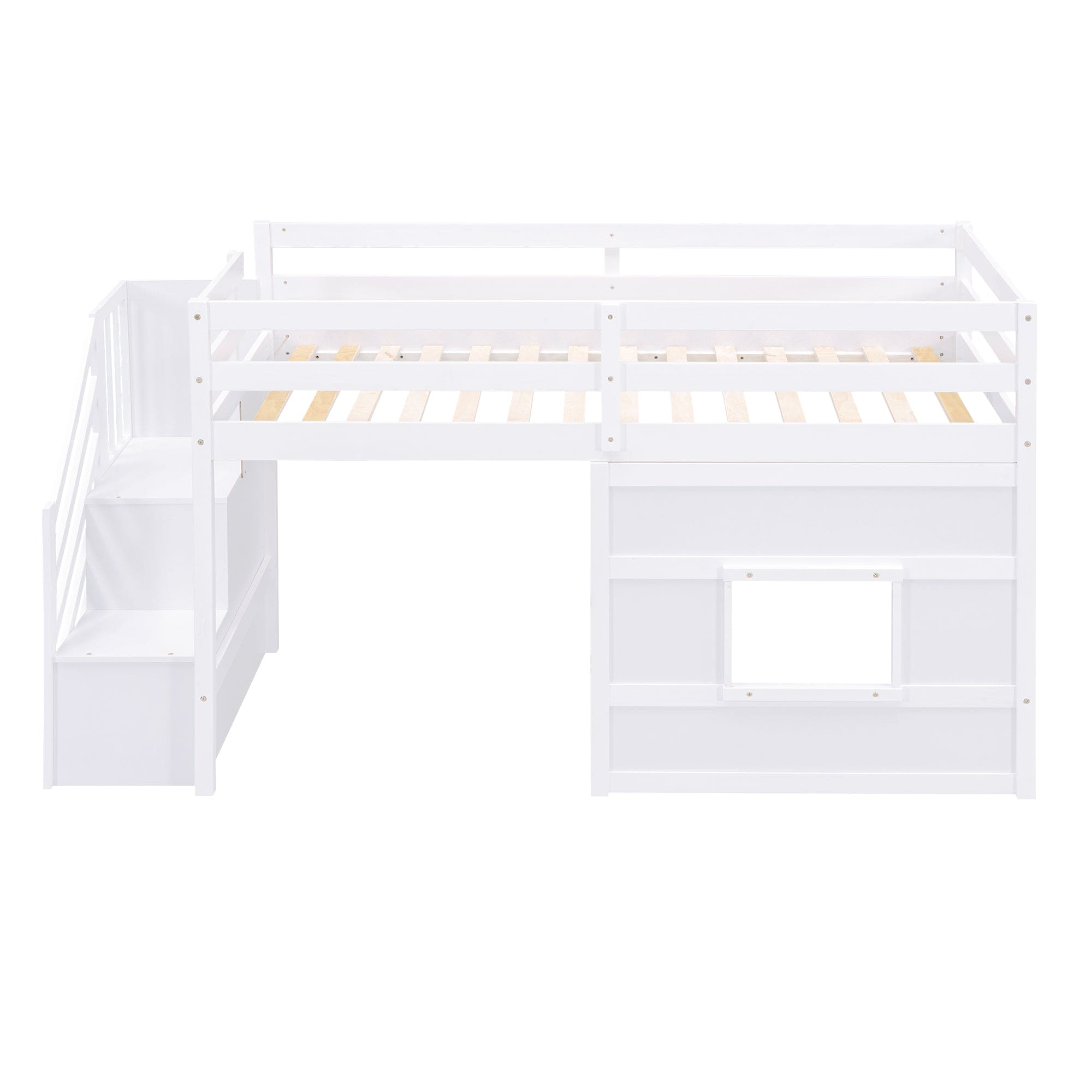 Twin Size Loft Bed with Storage Staircase and Window, White