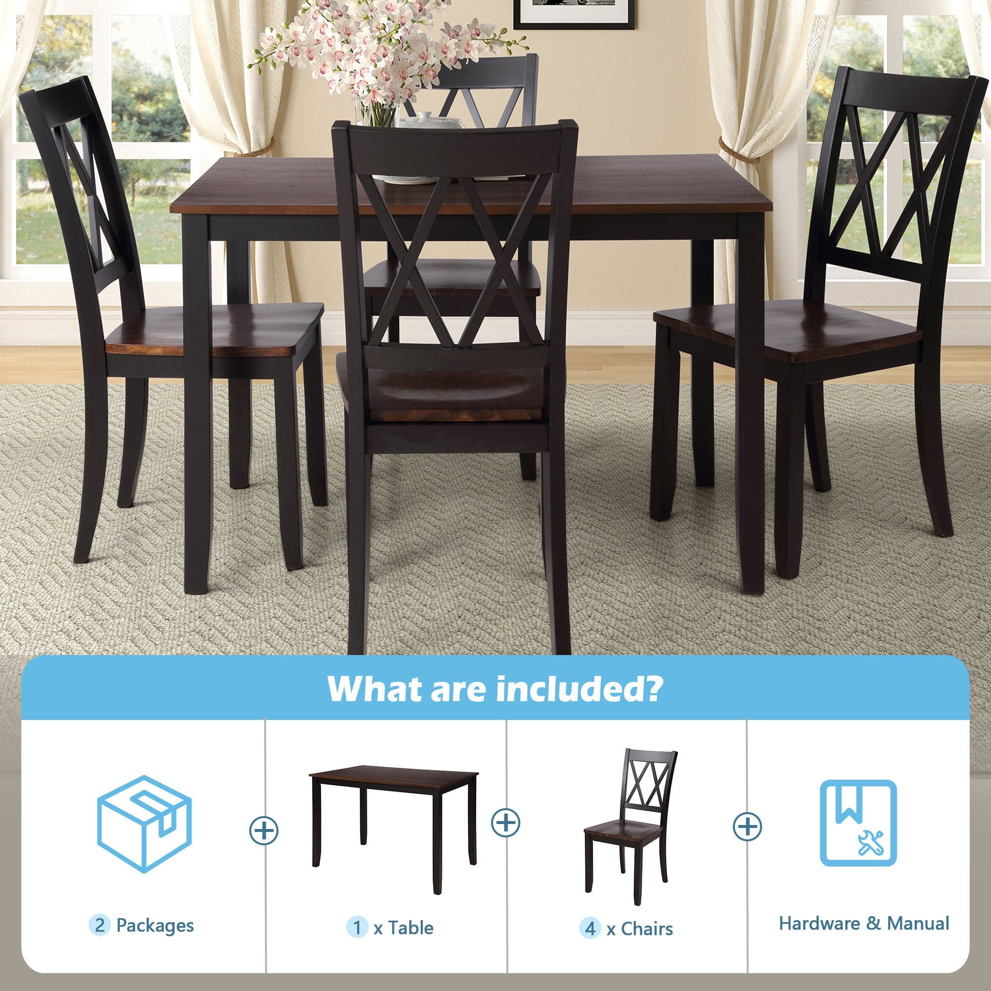 TOPMAX 5-Piece Dining Table Set Home Kitchen Table and Chairs Wood Dining Set, Black+Cherry