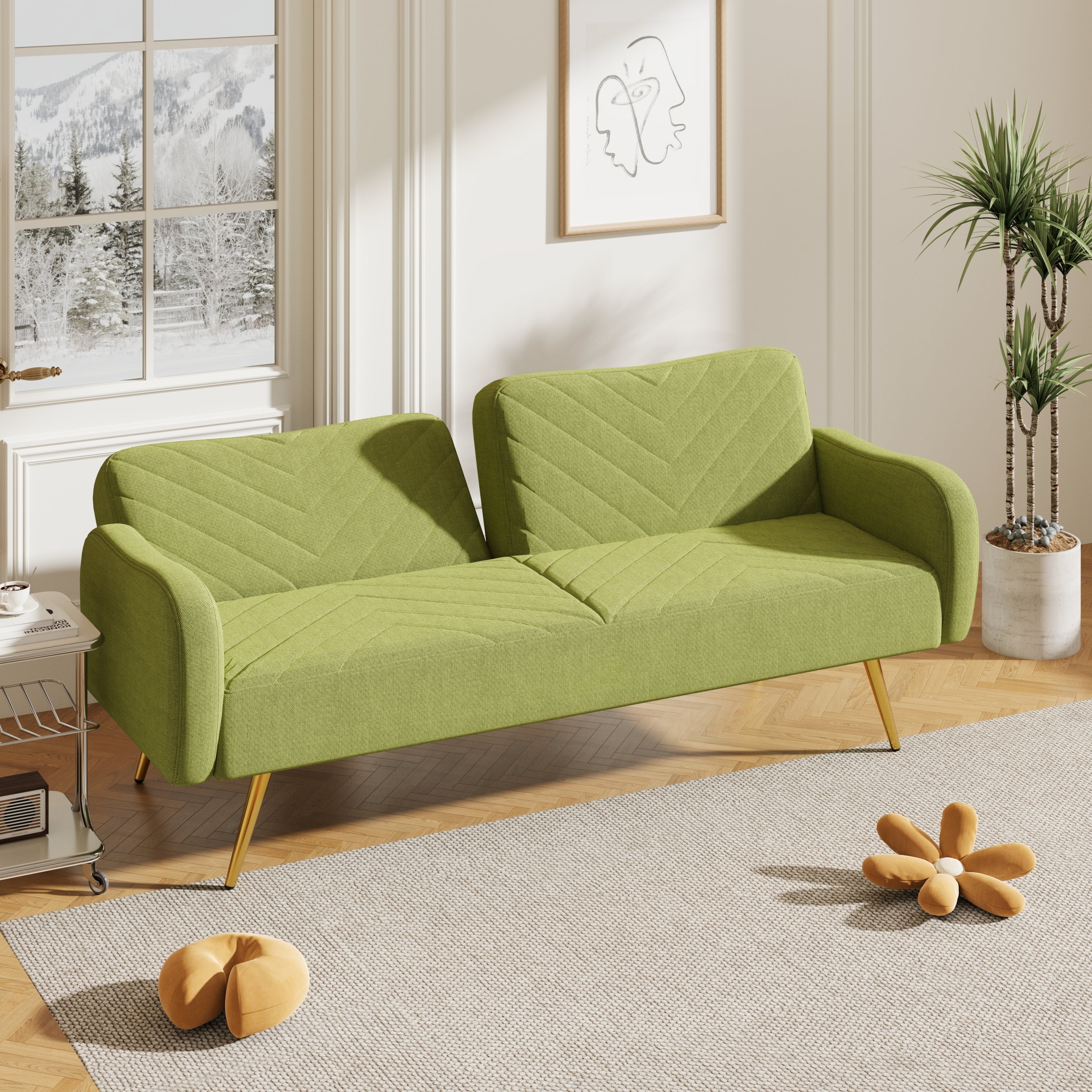 70.47" Green Fabric Double Sofa with Split Backrest and Two Throw Pillows