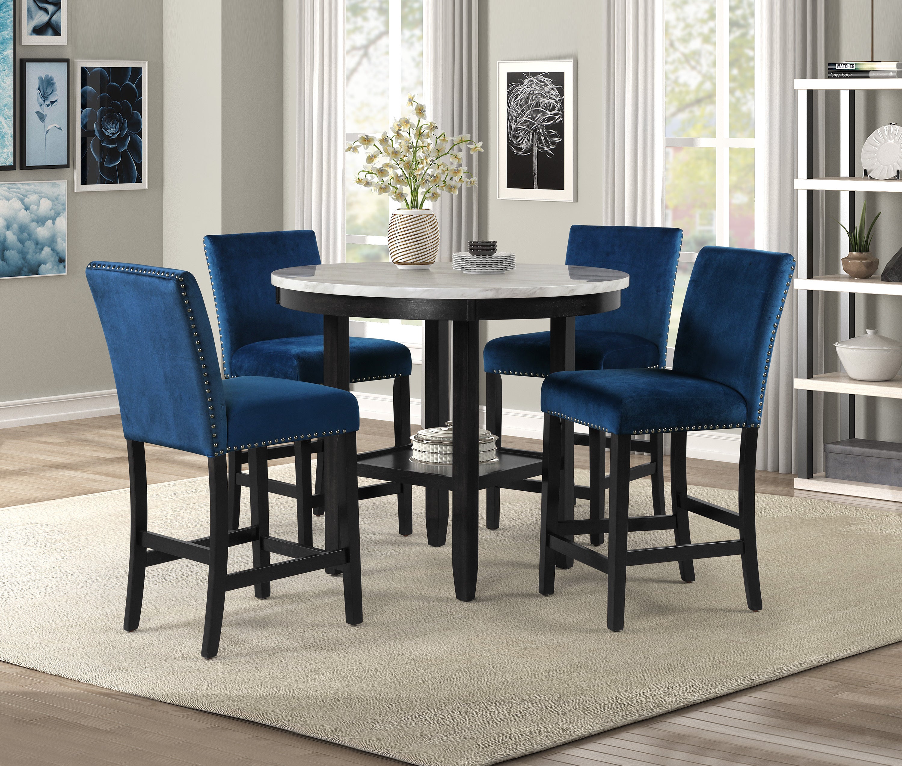 2pc Contemporary Modern Transitional Counter Height Side Chair with Nailhead Trim Royal Blue Upholstery Fabric Black Base Wooden Furniture