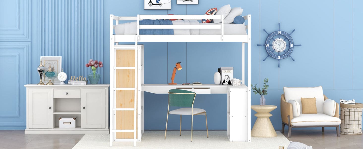 Twin Size Loft Bed with Ladder, Shelves, and Desk, White(OLD SKU:LT100225AAK)