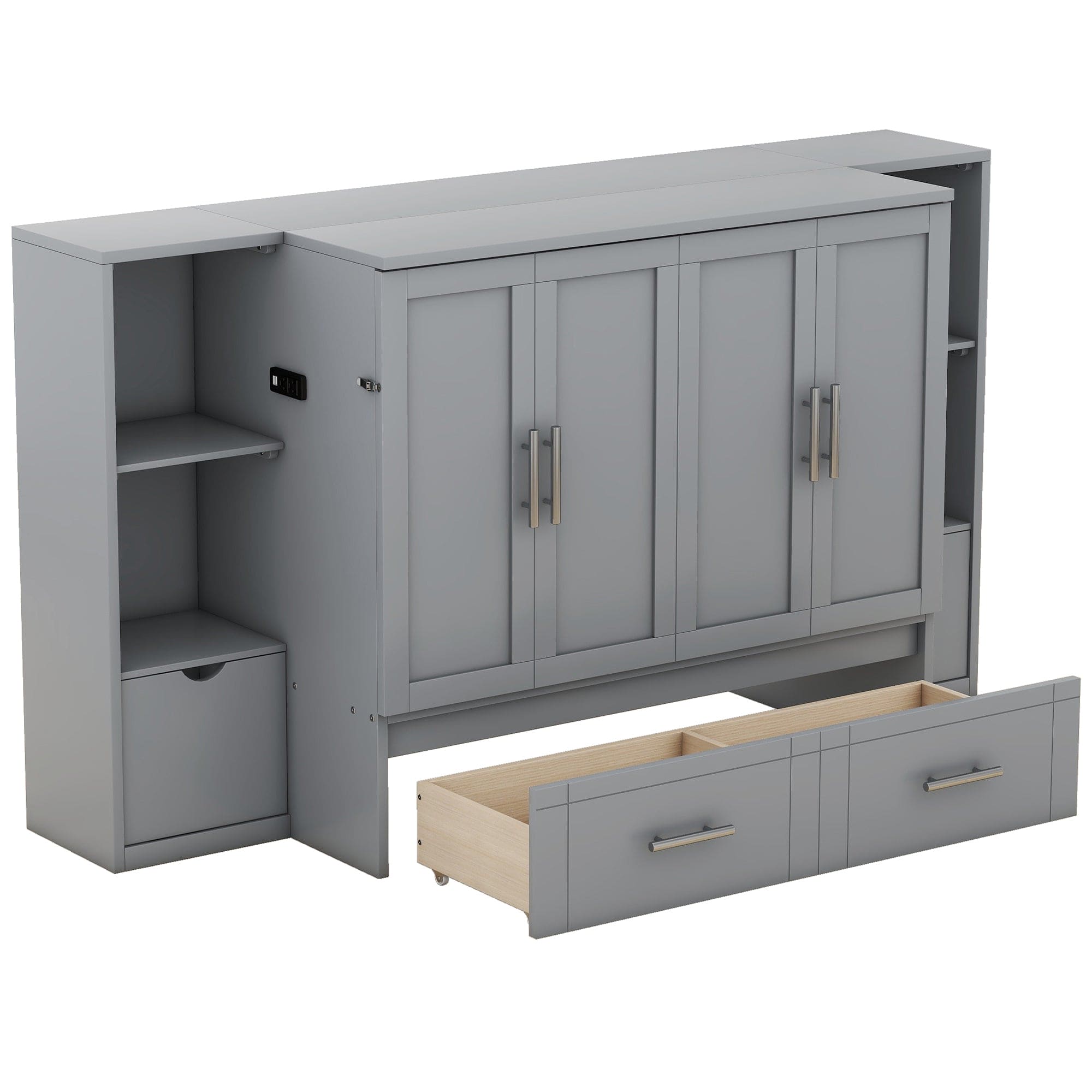 Queen Size Murphy Bed with Shelves, Drawers and USB Ports,Gray