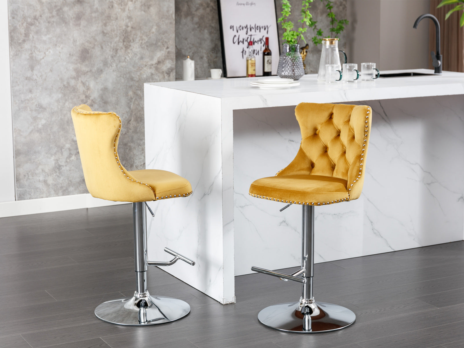 A&A Furniture,Swivel Velvet Barstools Gold,Set of 2