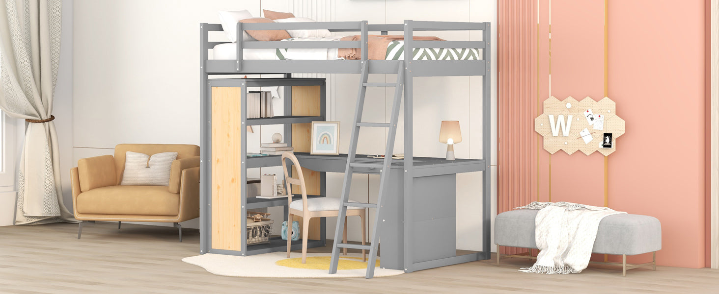 Twin Size Loft Bed with Ladder, Shelves, and Desk, Gray(LT100225AAE)