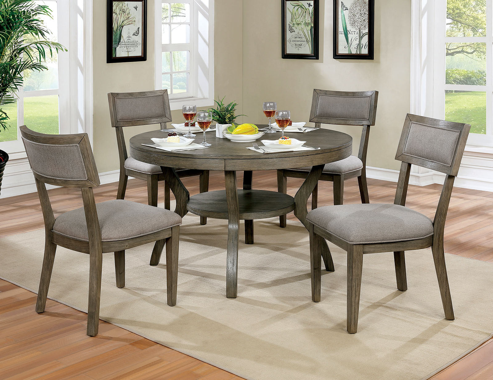 Rustic Grey Solid wood 2pc Dining Chairs Fabric Upholstered Seat Back Curved Dining Room Furniture