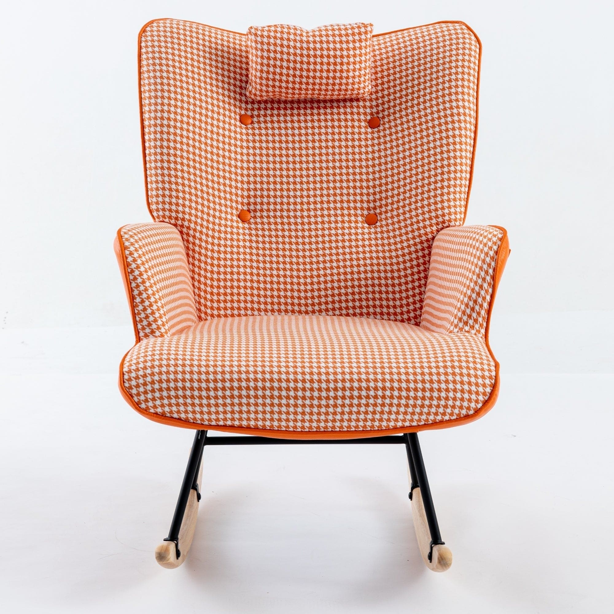 35.5 inch Rocking Chair, Soft Houndstooth Fabric Leather Fabric Rocking Chair for Nursery, Comfy Wingback Glider Rocker with Safe Solid Wood Base for Living Room Bedroom Balcony (orange)