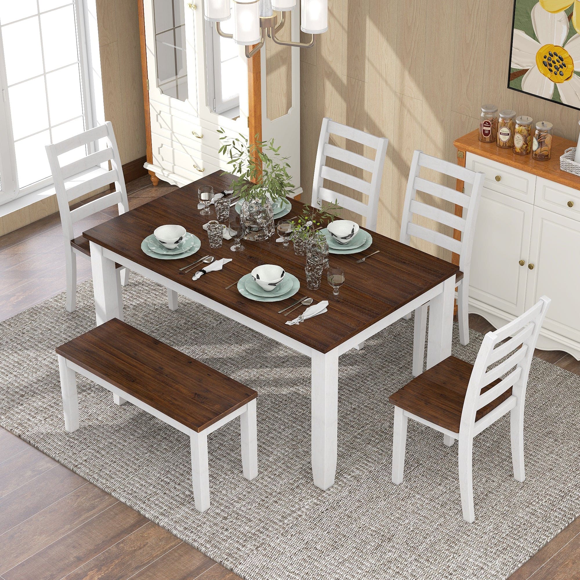 TREXM Rustic Style 6-Piece Dining Room Table Set with 4 Ergonomic Designed Chairs & a Bench (Walnut + Cottage White)