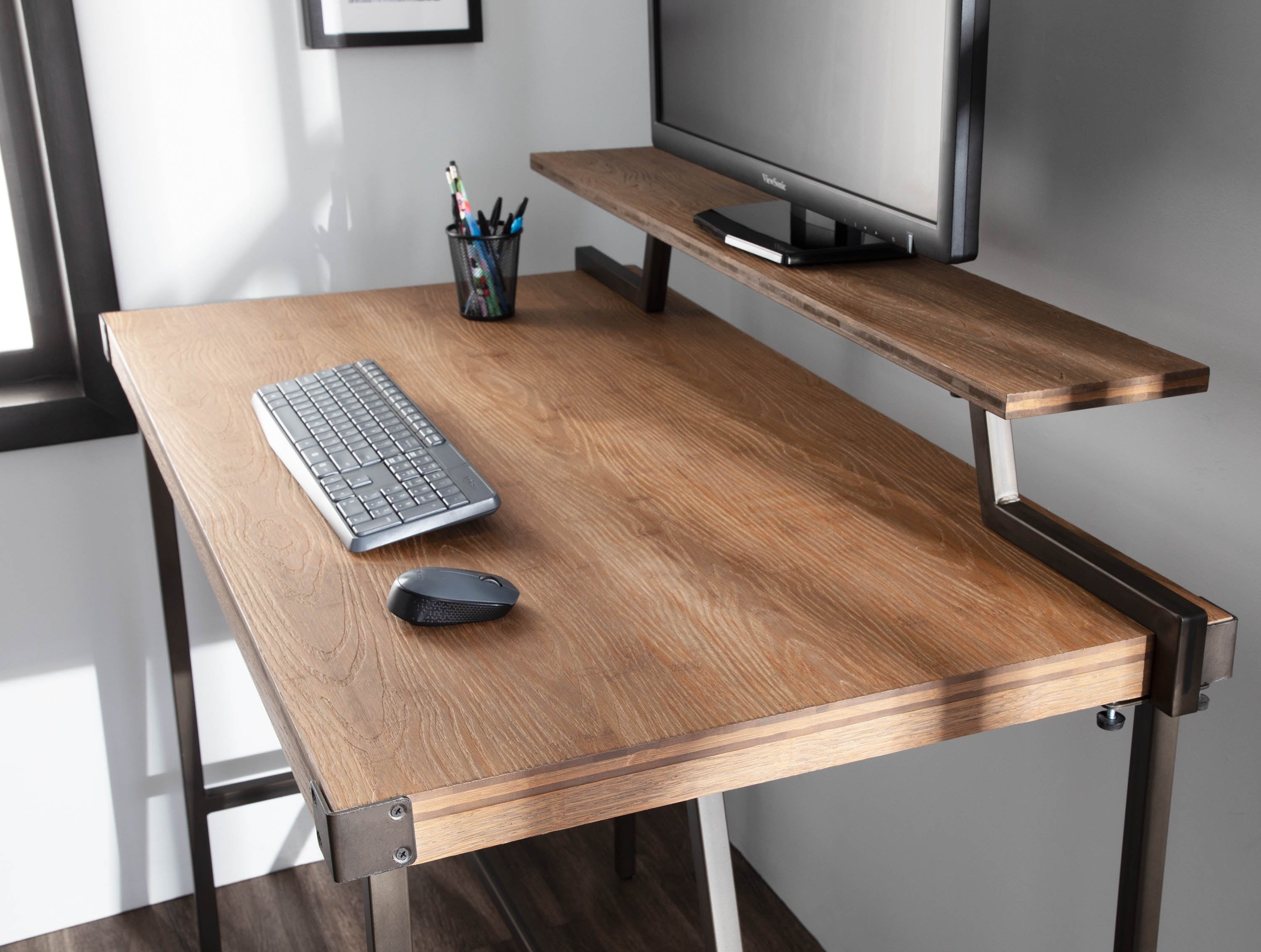 Gia Industrial Counter Table in Black Metal and Brown Wood-Pressed Grain Bamboo by LumiSource